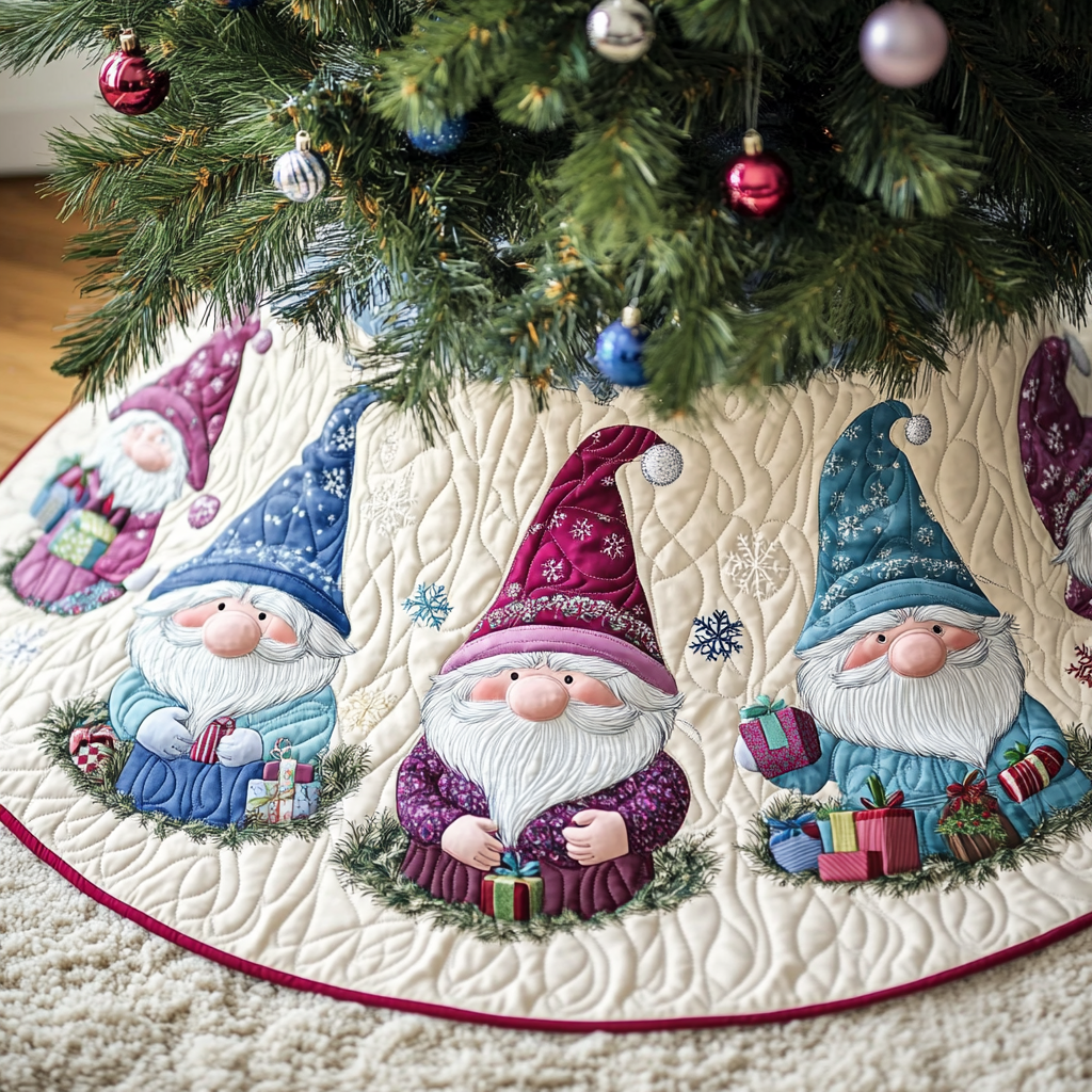 Gnome For The Holidays Christmas Quilted Tree Skirt Custom Christmas Tree Skirt Merch for Your Family