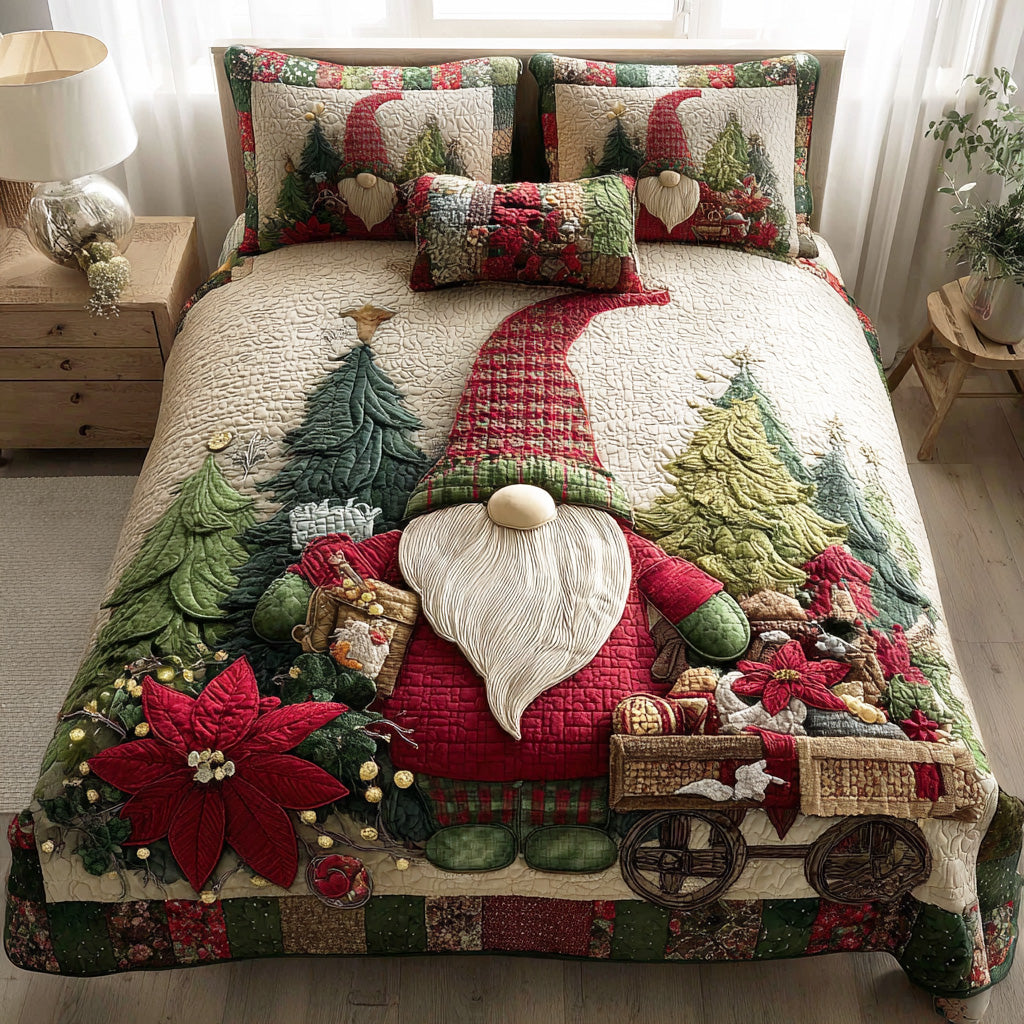 Gnome Forest Cheer Quilted Bedding Set Full Size Comforter Cozy Christmas Gift For Dad