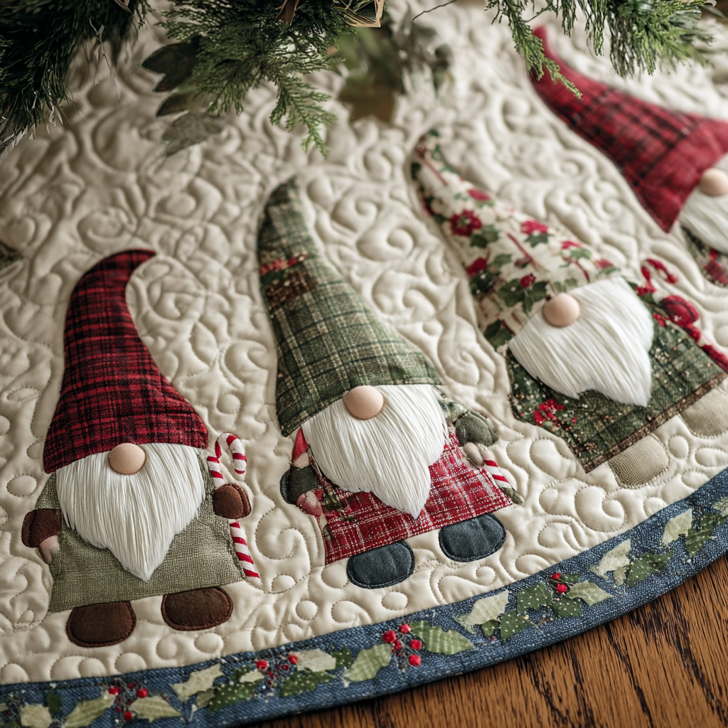 Gnome Gathering Christmas Quilted Tree Skirt Perfect Housewarming Gift with Quilted Tree Skirt