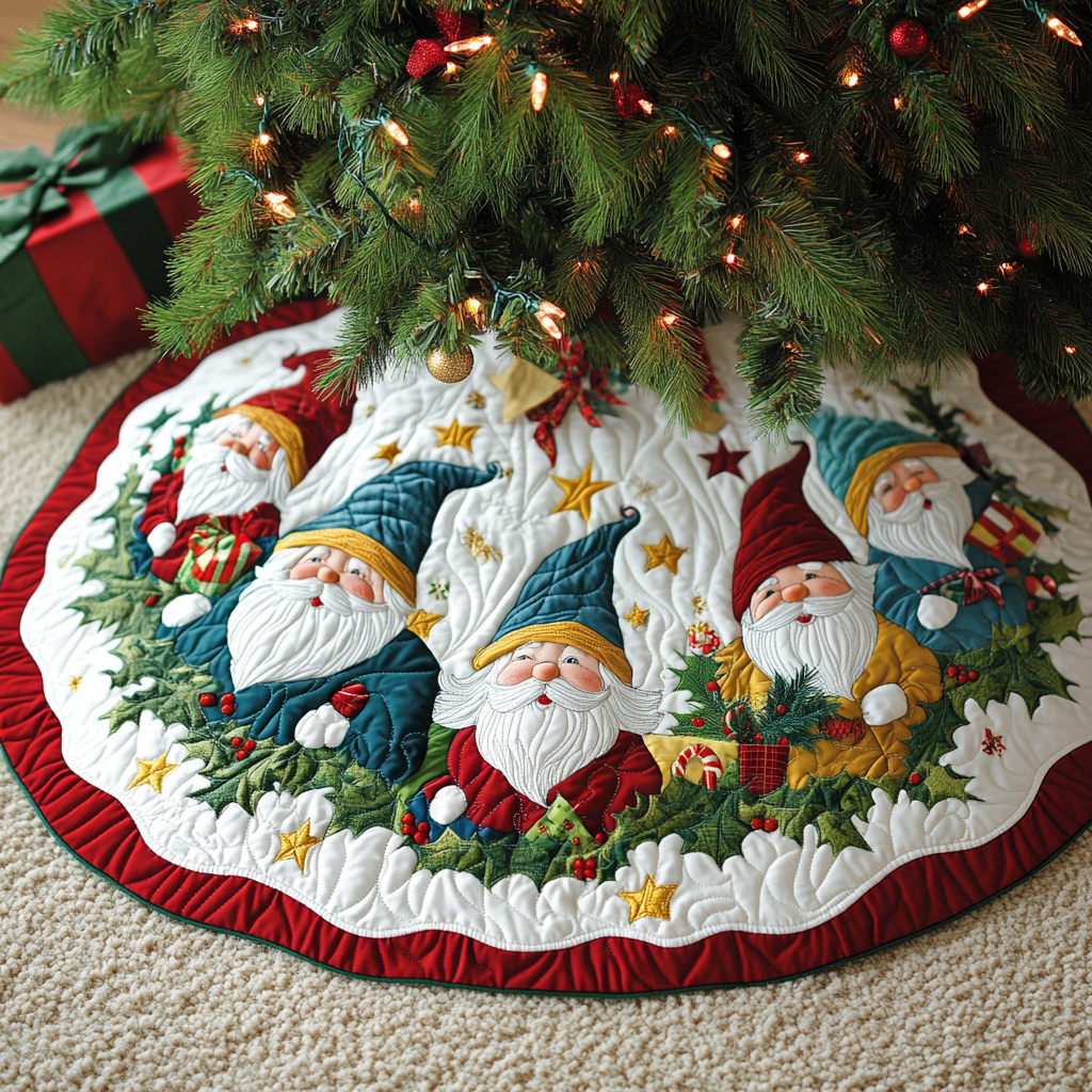 Gnome Gathering Christmas Quilted Tree Skirt Perfect Quilted Tree Skirt Gift for Family and Friends