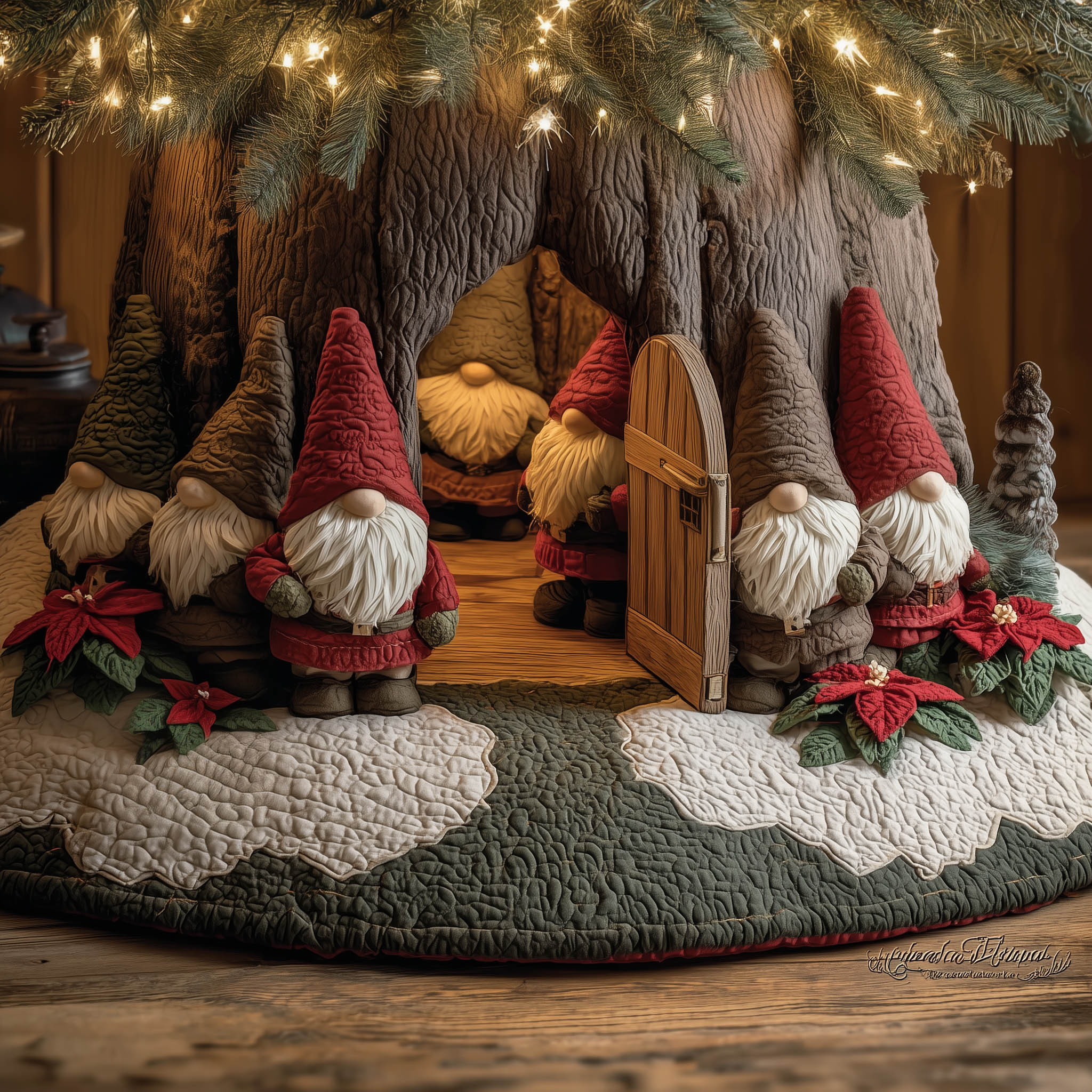 Gnome Gathering Quilted Tree Skirt Winter Themed Cute Home Decor Best Gifts For Christmas