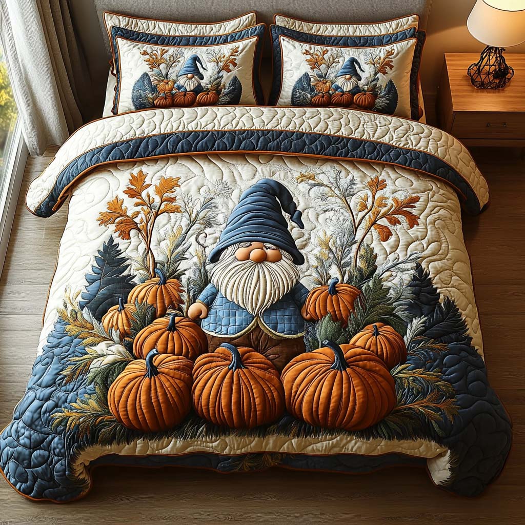 Gnome Harvest Quilted Bedding Set Cool Bedroom Decor Cute Fall Gift Ideas