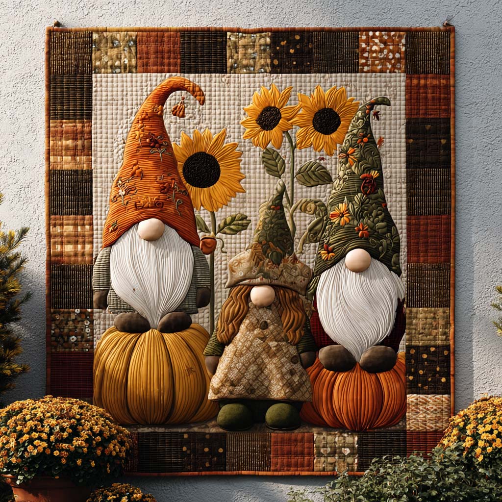 Gnome Harvest Quilted Blanket Autumn Bed Throw Best Gnome Gifts