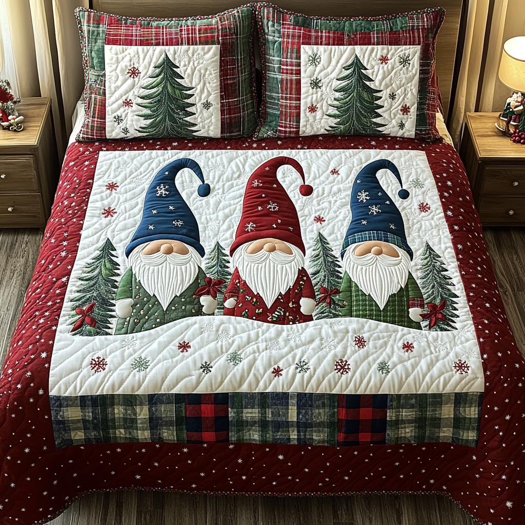 Gnome Haven Quilted Bedding Set Holiday Duvet Sets Romantic Christmas Gifts