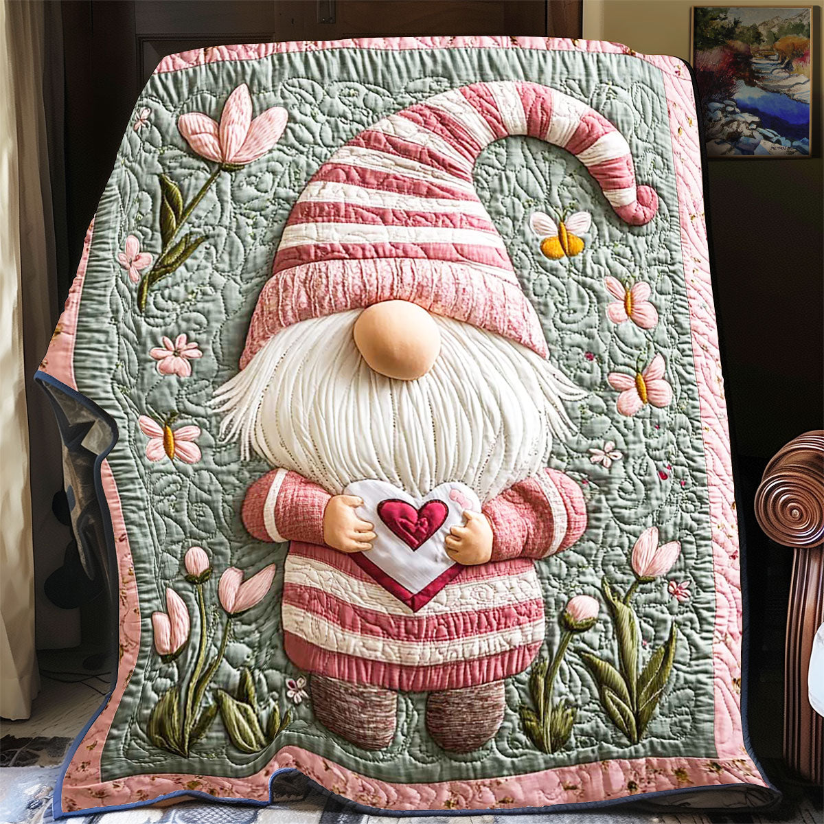Gnome Holding Heart Quilt Blanket Cozy Throw Blanket Best Xmas Gifts For Gnome Lovers