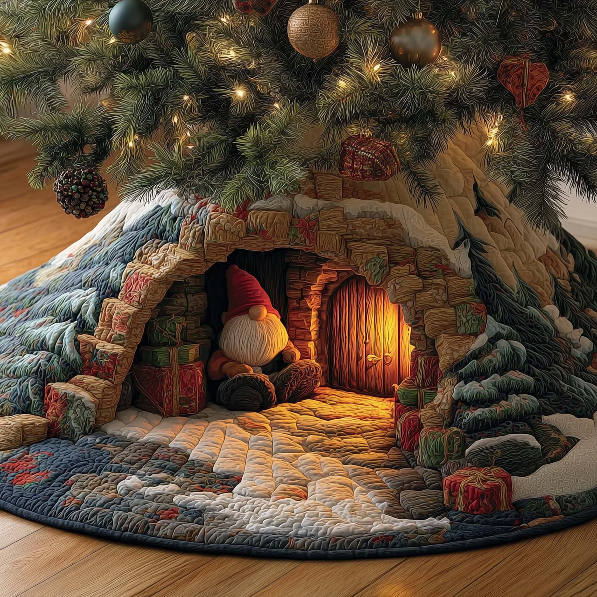 Gnome Housekeeper Christmas Quilted Tree Skirt Xmas Tree Base Cover Cute Gnome Gifts