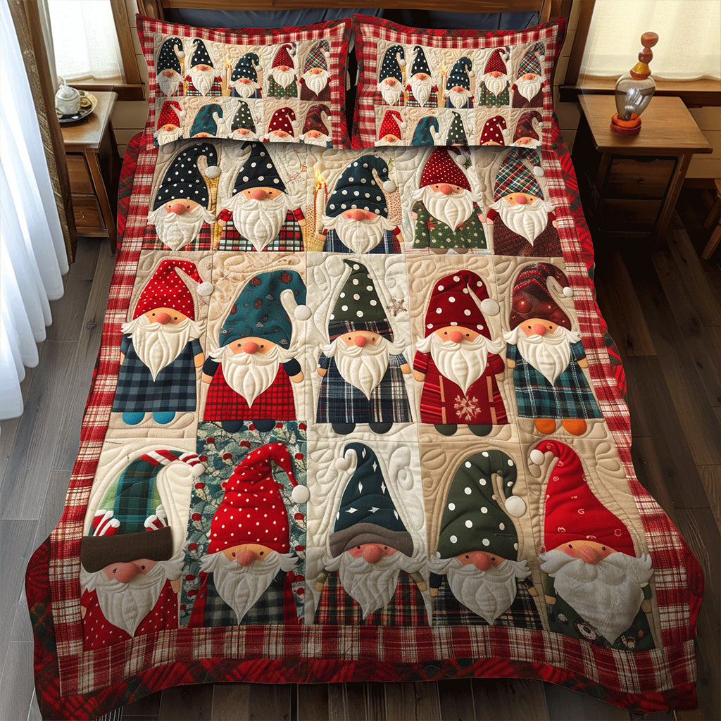 Gnome Huddle Quilted Bedding Set Queen Size Quilt Holiday Gift For Dad