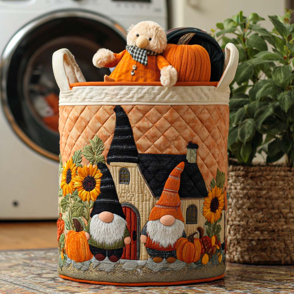 Gnome In Leaves Quilted Laundry Basket Merch For Her