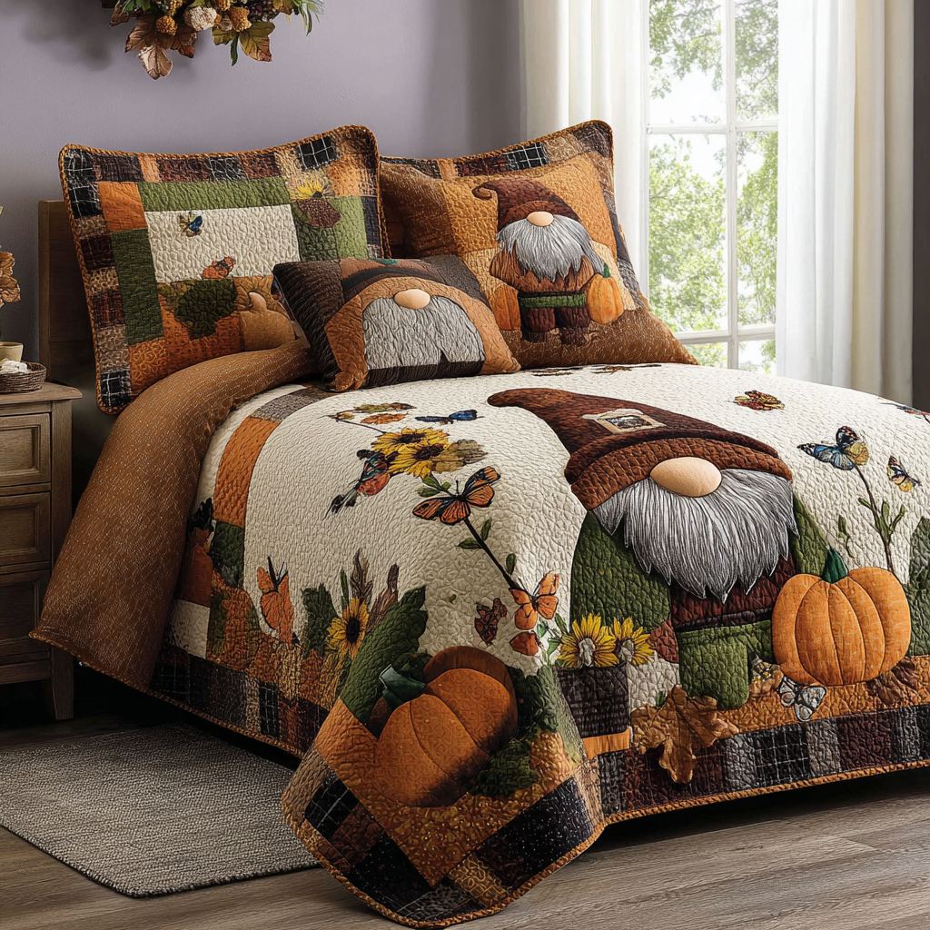 Gnome in the Patch Quilted Bedding Set Bedroom Decor Ideas Autumn Gifts For Friends
