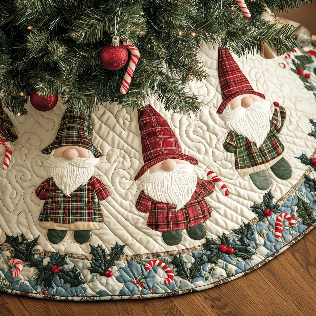 Gnome Joy Christmas Quilted Tree Skirt Holiday Home Decor Christmas Gift For Gnome Lover