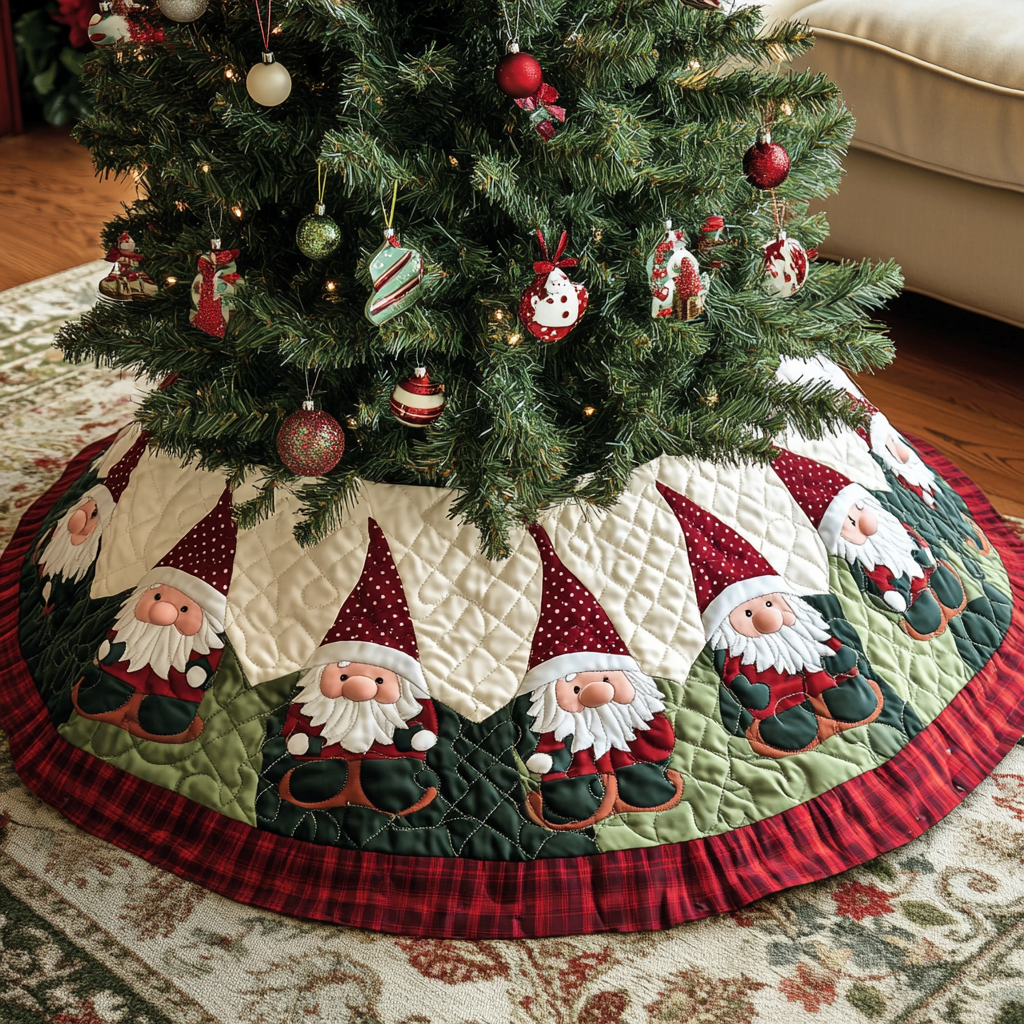 Gnome Joy Christmas Quilted Tree Skirt Must Have Holiday Merch for Christmas Decor