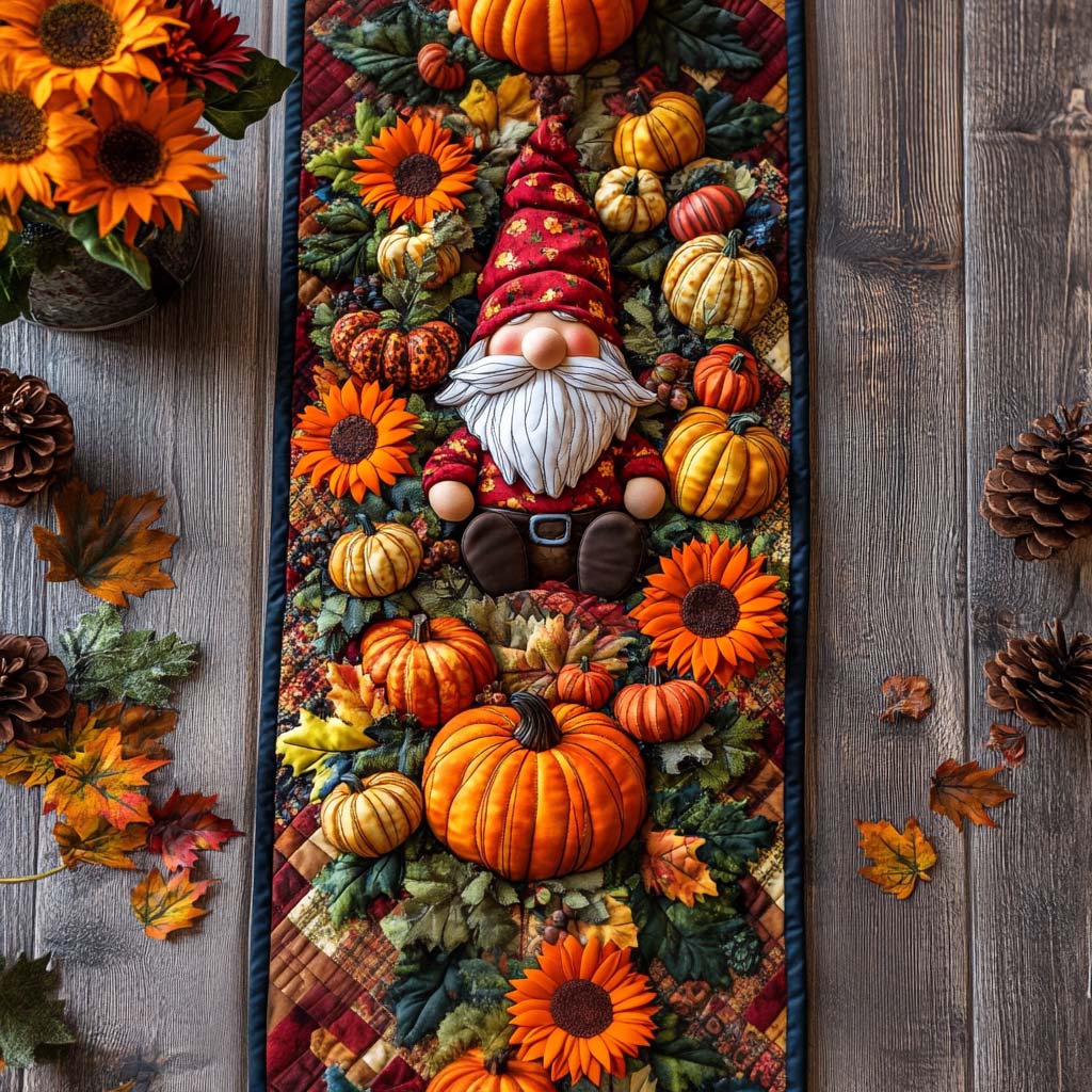 Gnome Leaf Dance Quilted Table Runner Elegant Fall Table Runner Family Gift Ideas