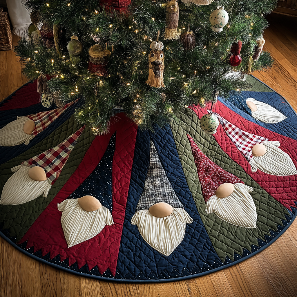 Gnome Magic Christmas Quilted Tree Skirt Warm and Cozy Quilted Tree Skirt for Winter Festivities