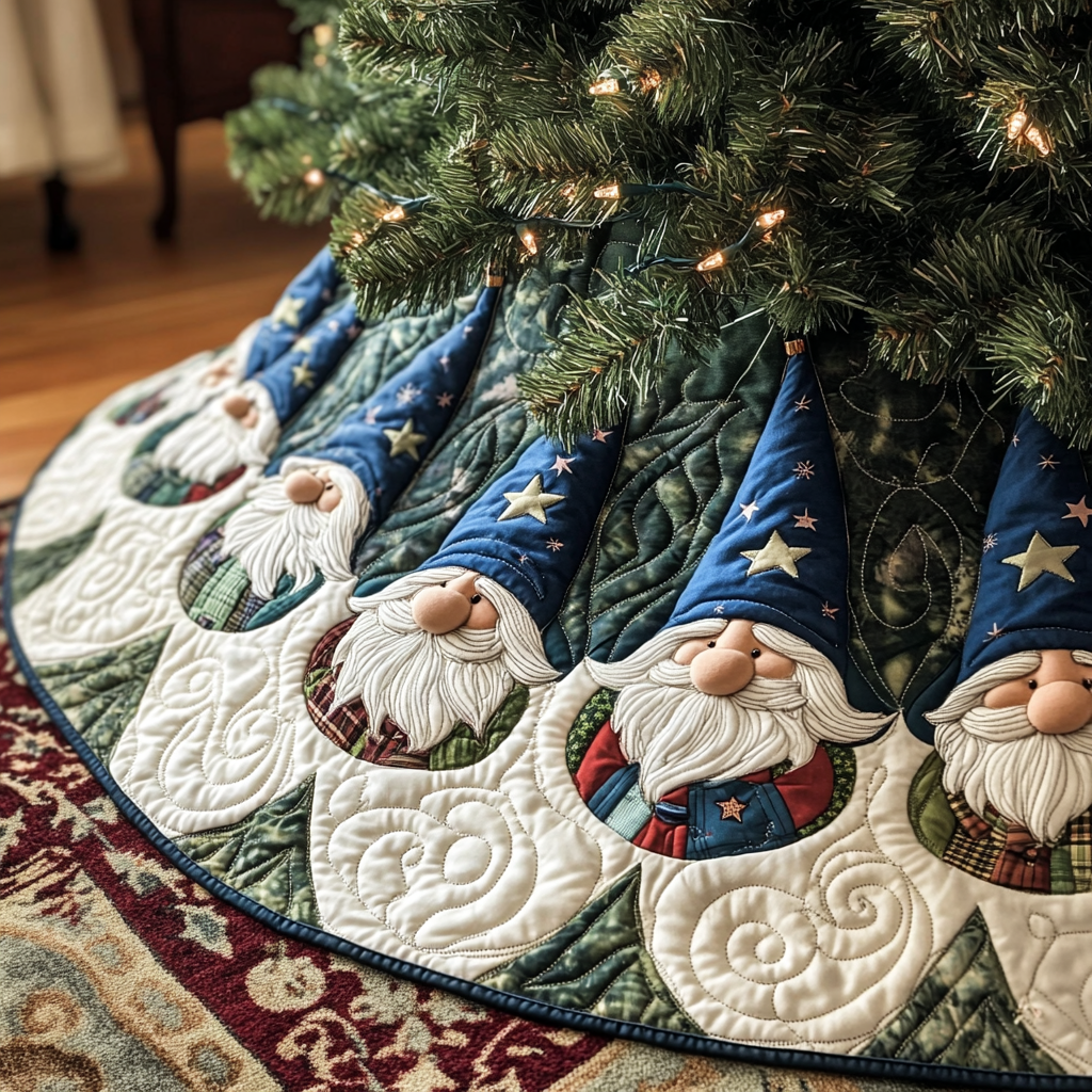 Gnome Merriment Quilted Christmas Tree Skirt Classic Red and White Tree Skirt for Traditional Decor