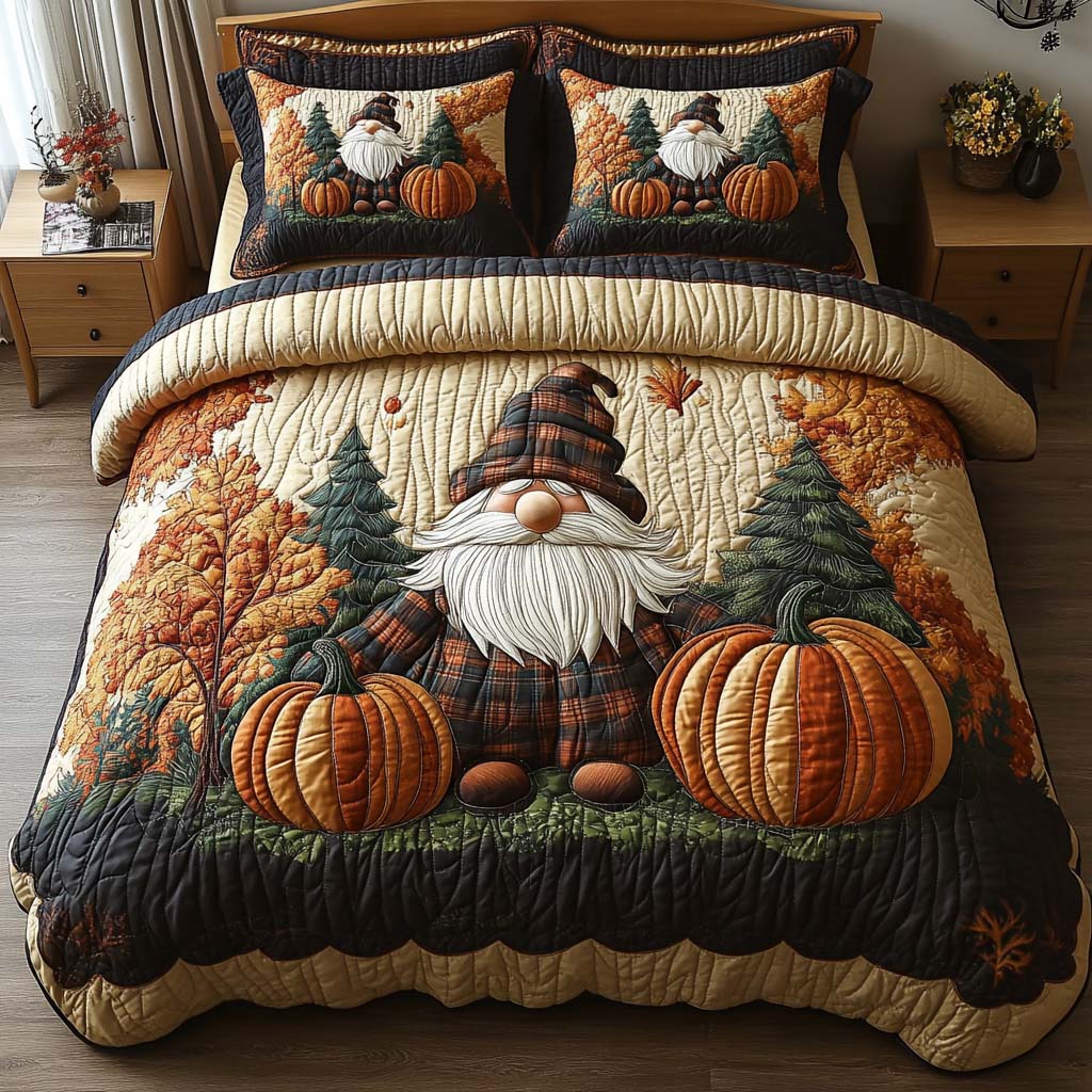 Gnome Pumpkin Patch Quilted Bedding Set Bed Decor Ideas Cute Fall Gifts For Girlfriend