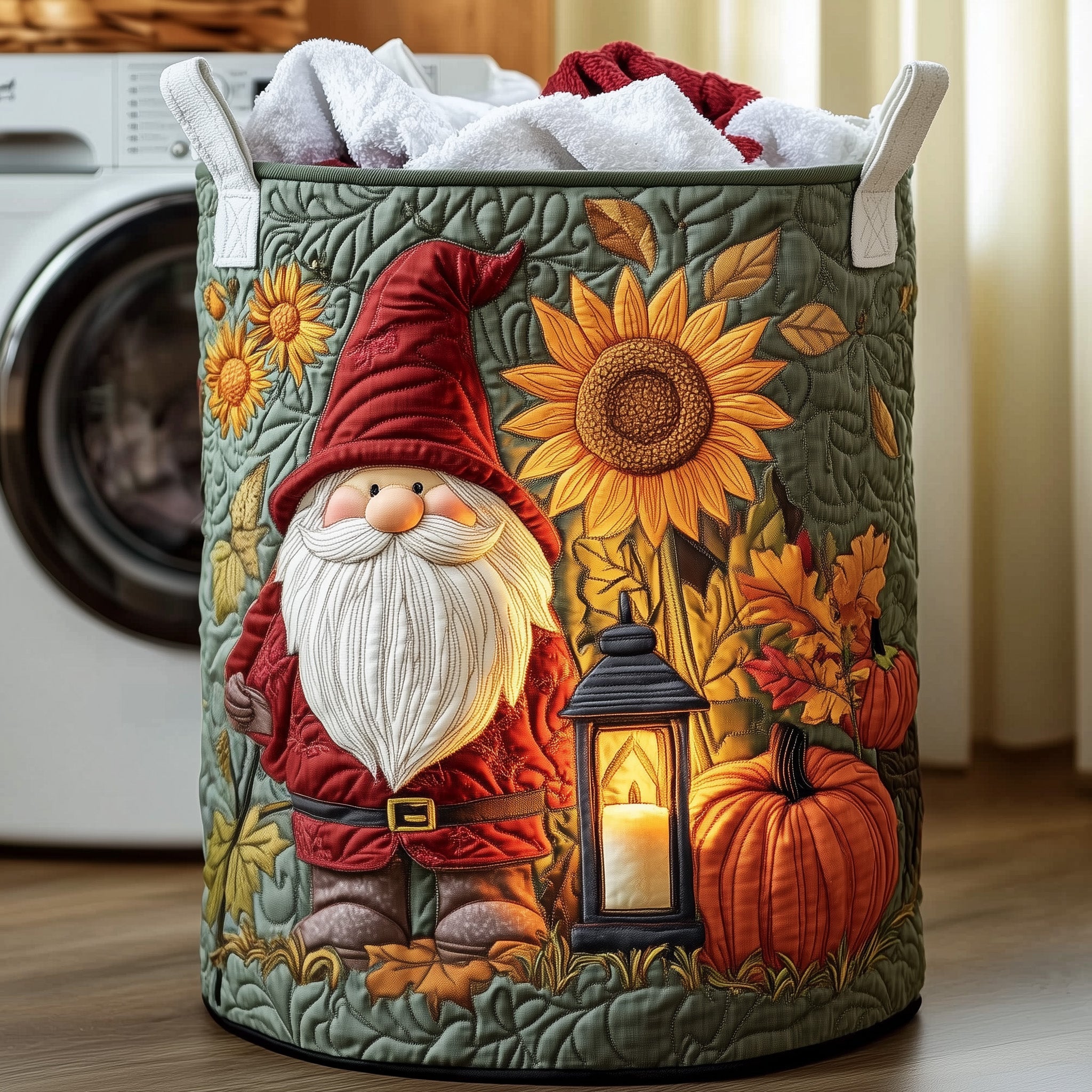 Gnome Pumpkin Patch Quilted Laundry Basket Holiday Season Merch