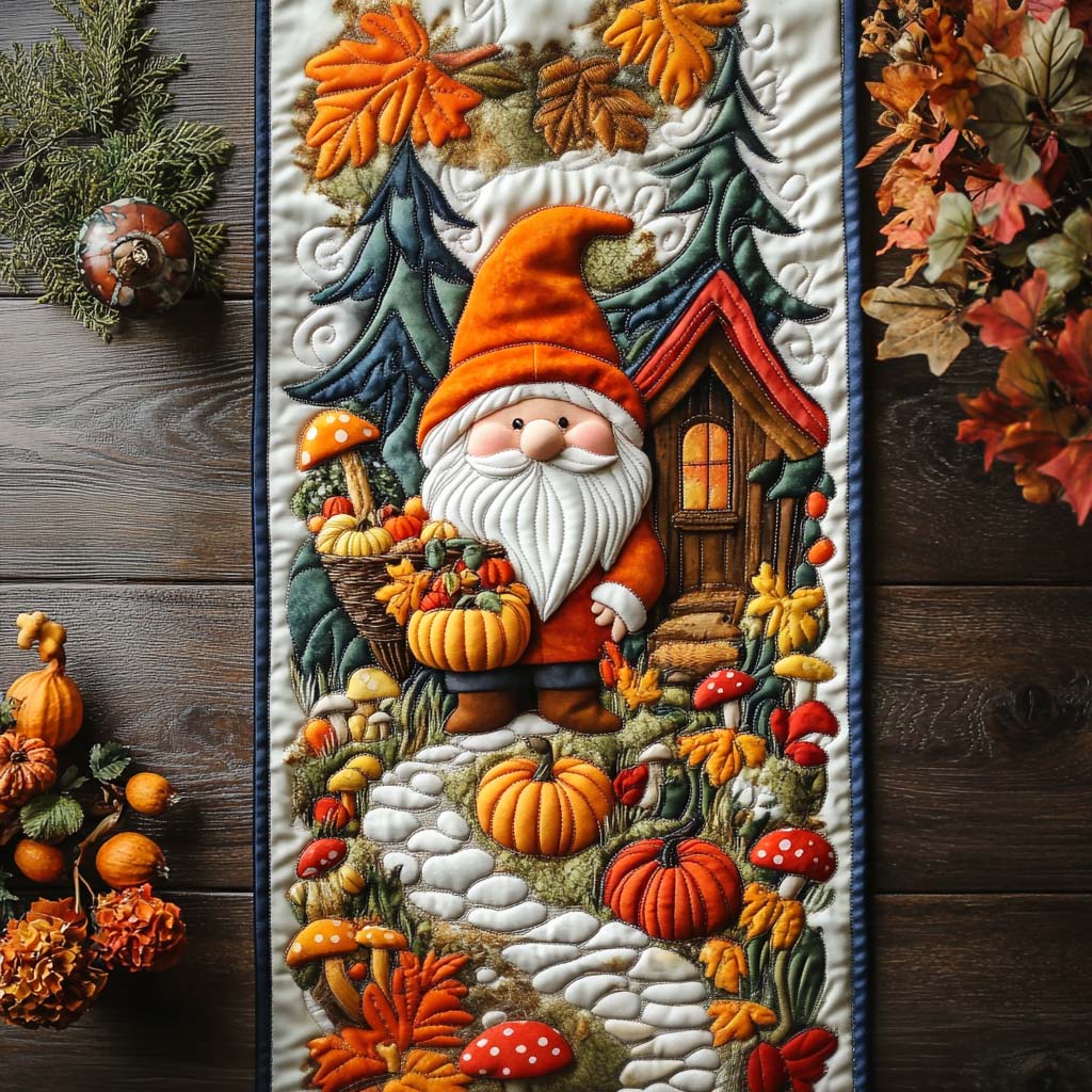 Gnome Pumpkin Patch Quilted Table Runner Fall Table Cover Good Family Gifts