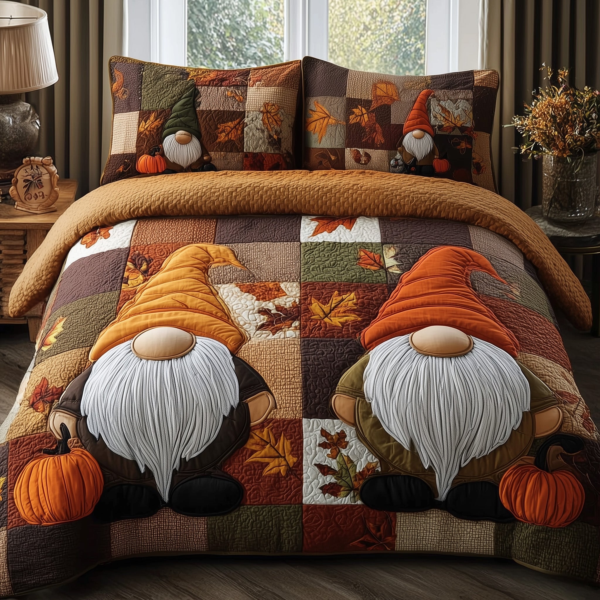 Gnome Quilted Bedding Set Duvet Cover Bedspread Autumn Presents