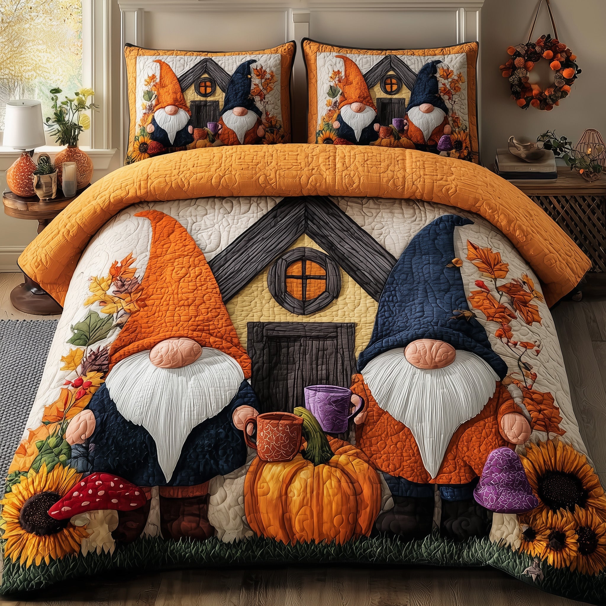 Gnome Quilted Bedding Set Microfiber