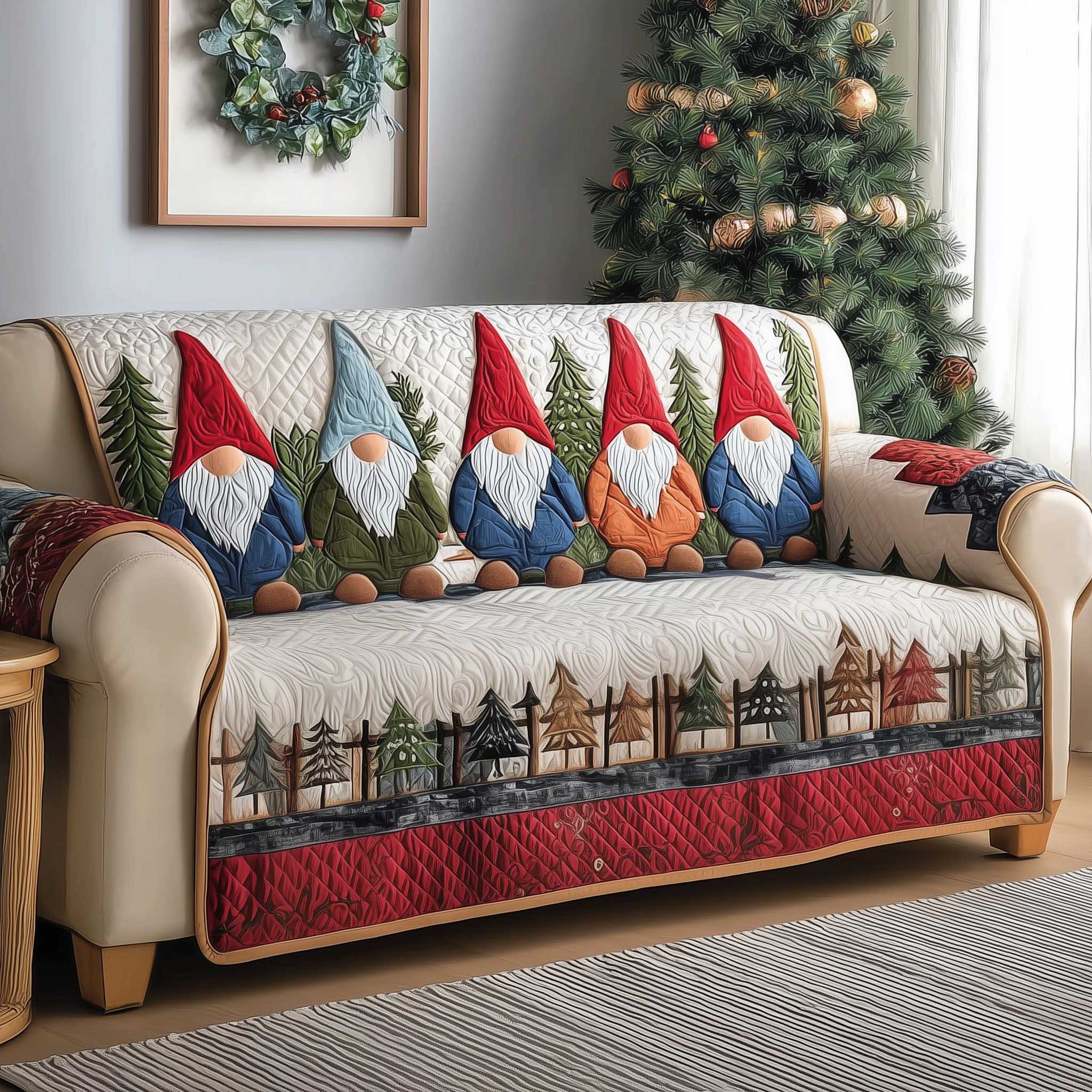 Gnome Quilted Sofa Cover Bearded Forest Christmas Protector Gnome Christmas Gift Ideas