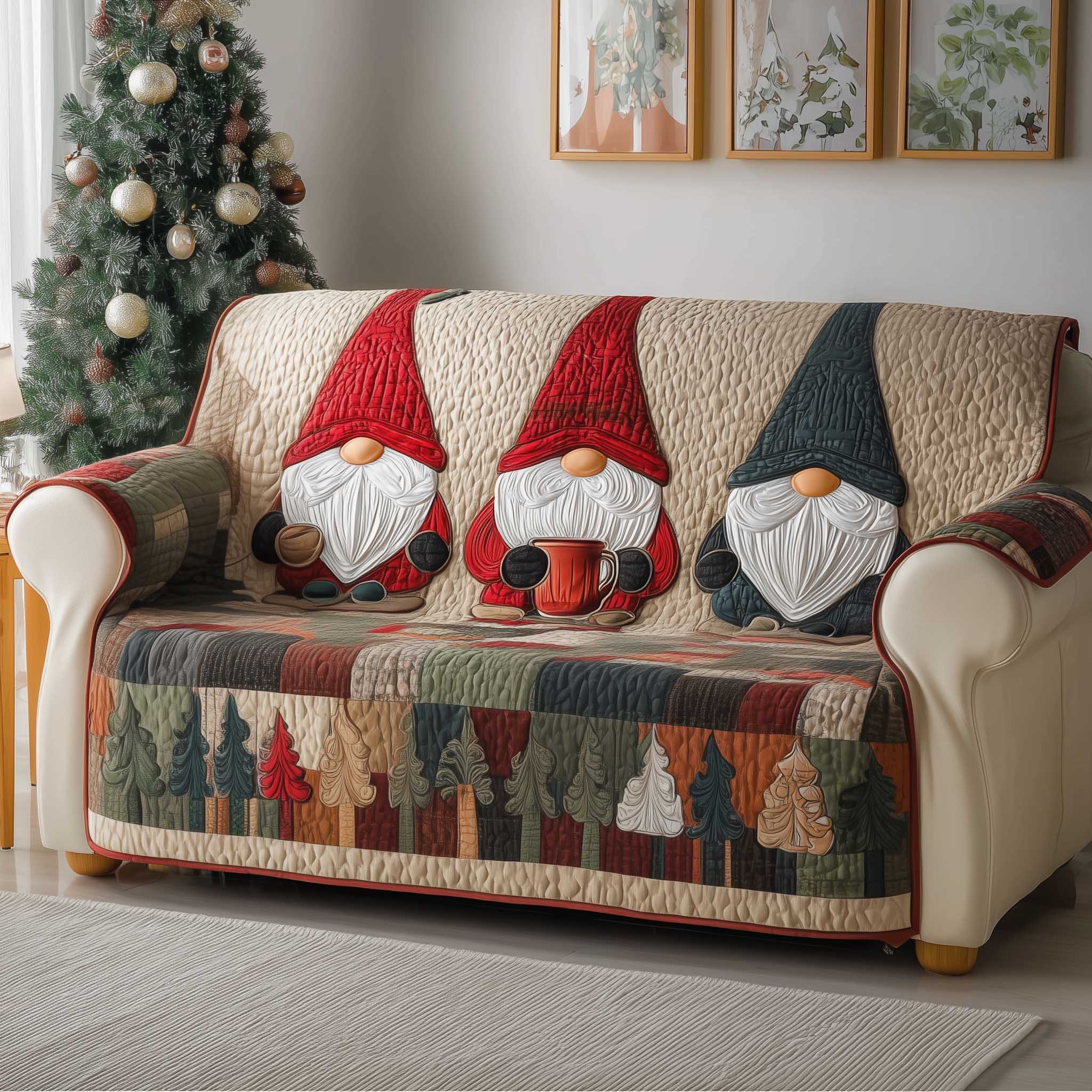 Gnome Quilted Sofa Cover Whimsical Holiday Motif Gnome Christmas Gift Ideas