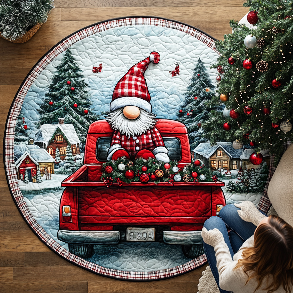 Gnome Red Truck Quilted Round Mat Front Door Idea Funny Secret Santa Gifts For Her