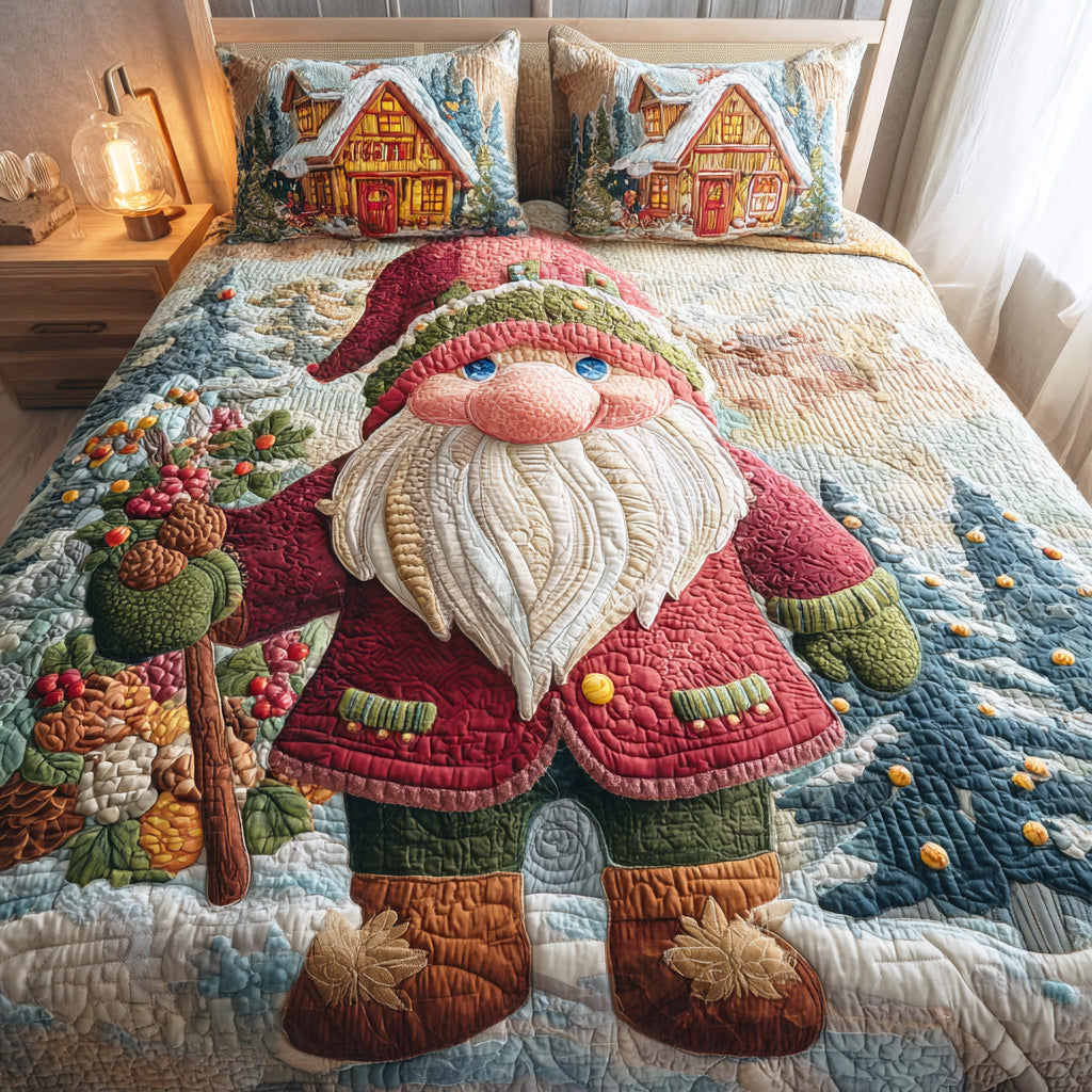 Gnome Snow Gathering Quilted Bedding Set Bedspreads Queen Size Winter Magic Gift For Husband