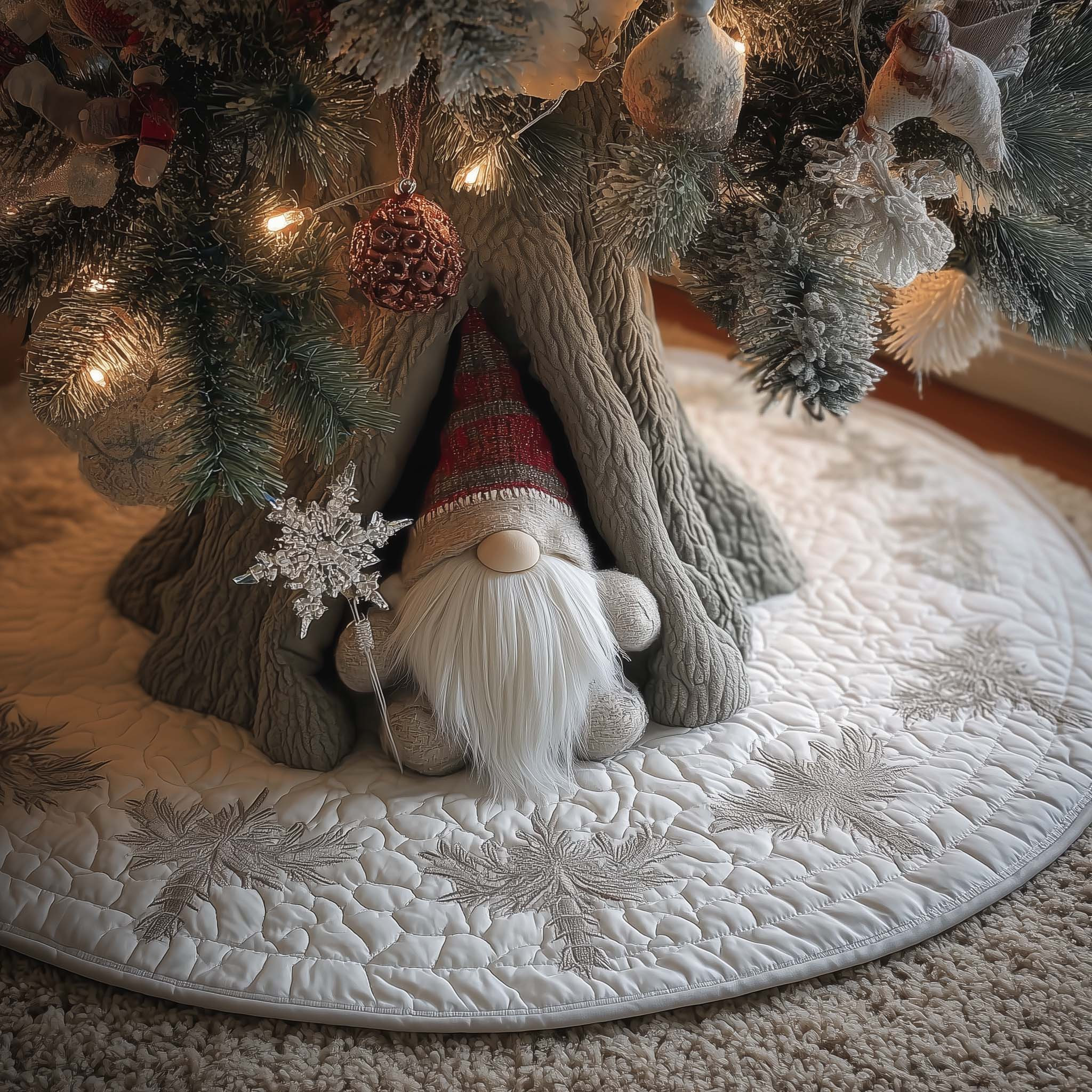 Gnome Snowflake Christmas Quilted Tree Skirt Xmas Tree Surround Gnome Inspired Gifts