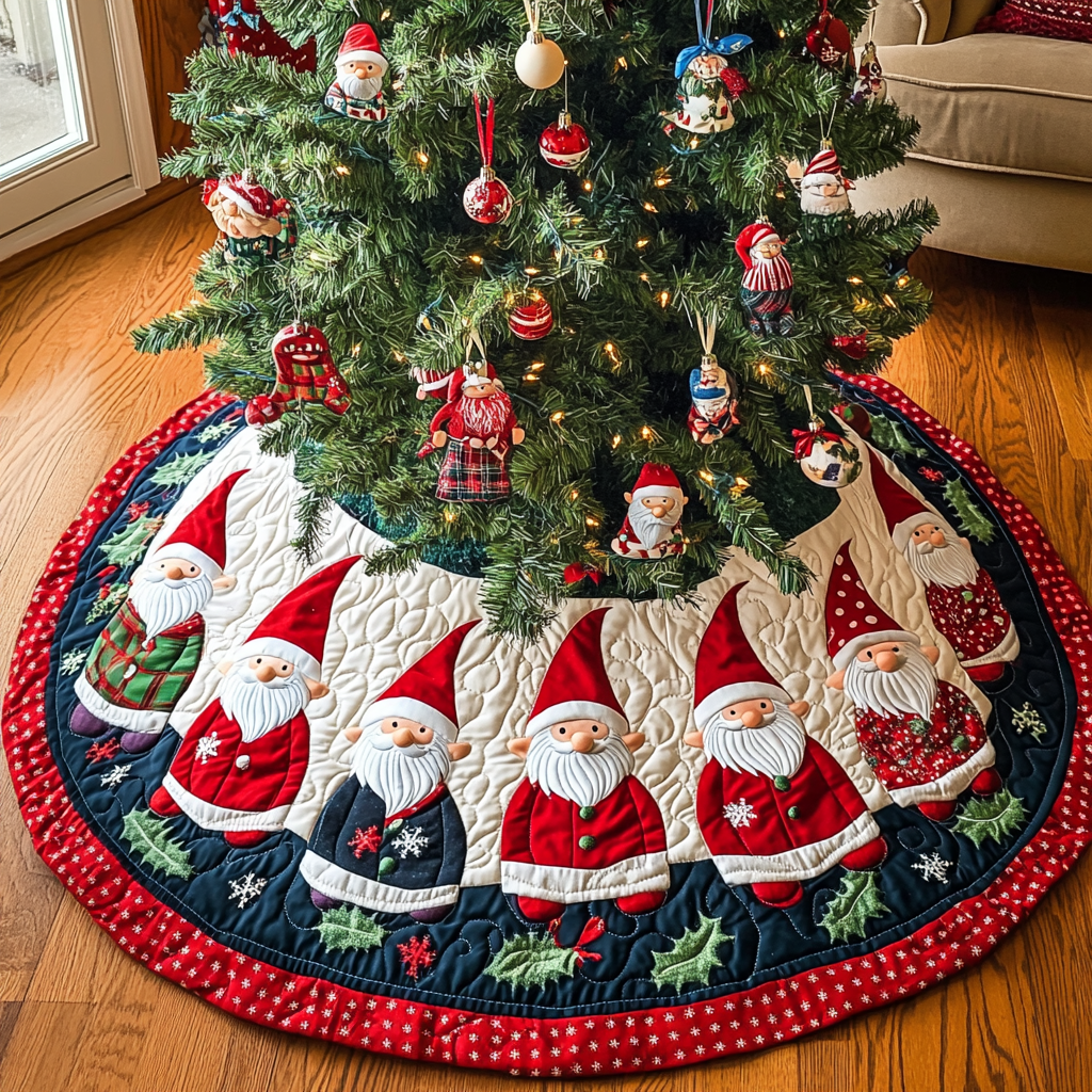 Gnome Spirit Christmas Quilted Tree Skirt Magical Christmas Tree Skirt to Impress Guests