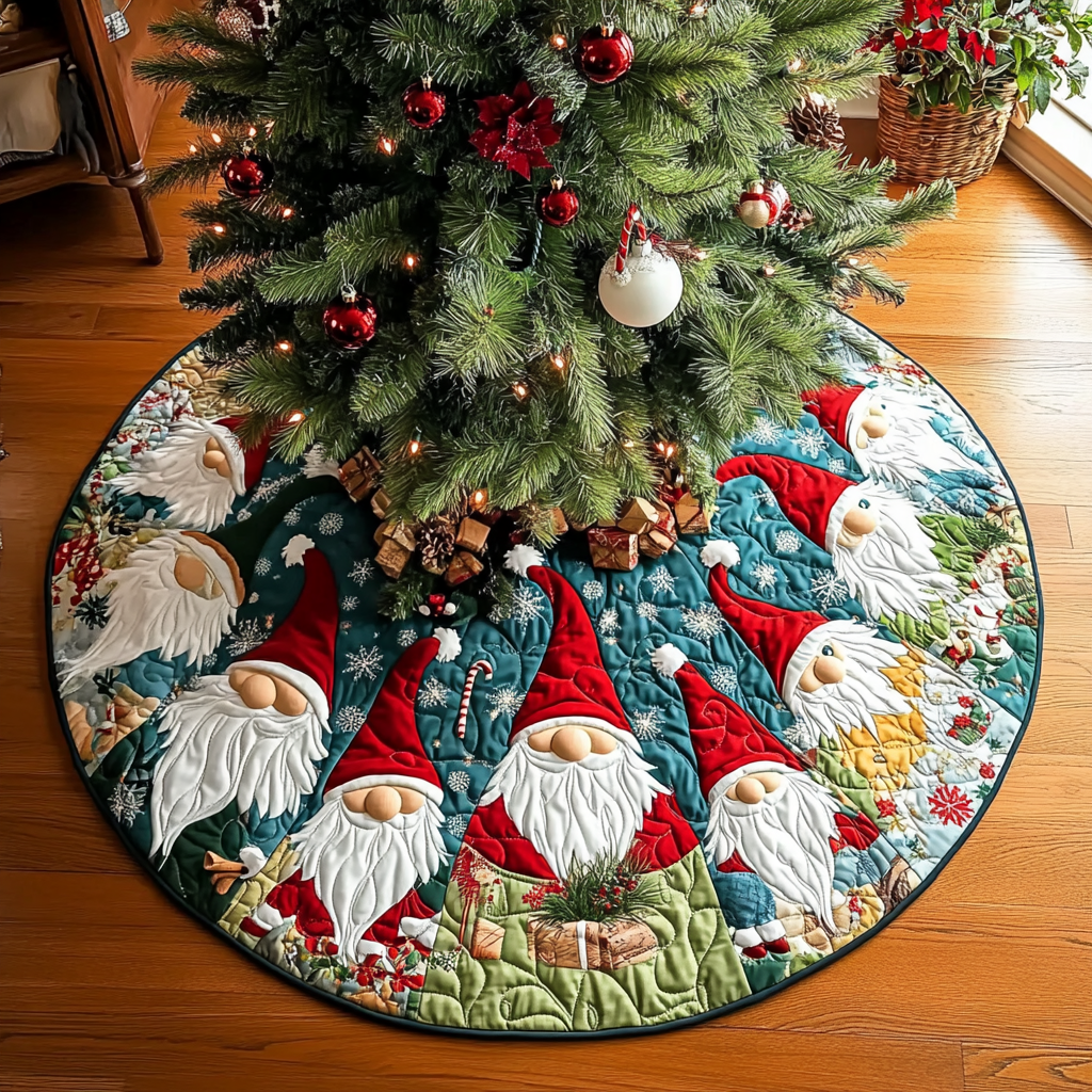 Gnome Spirit Christmas Quilted Tree Skirt Xmas Tree Decor Christmas Gifts For Gnomes Lovers