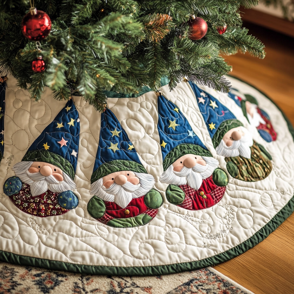 Gnome Spirit Quilted Christmas Tree Skirt Warm and Soft Christmas Tree Skirt for Winter