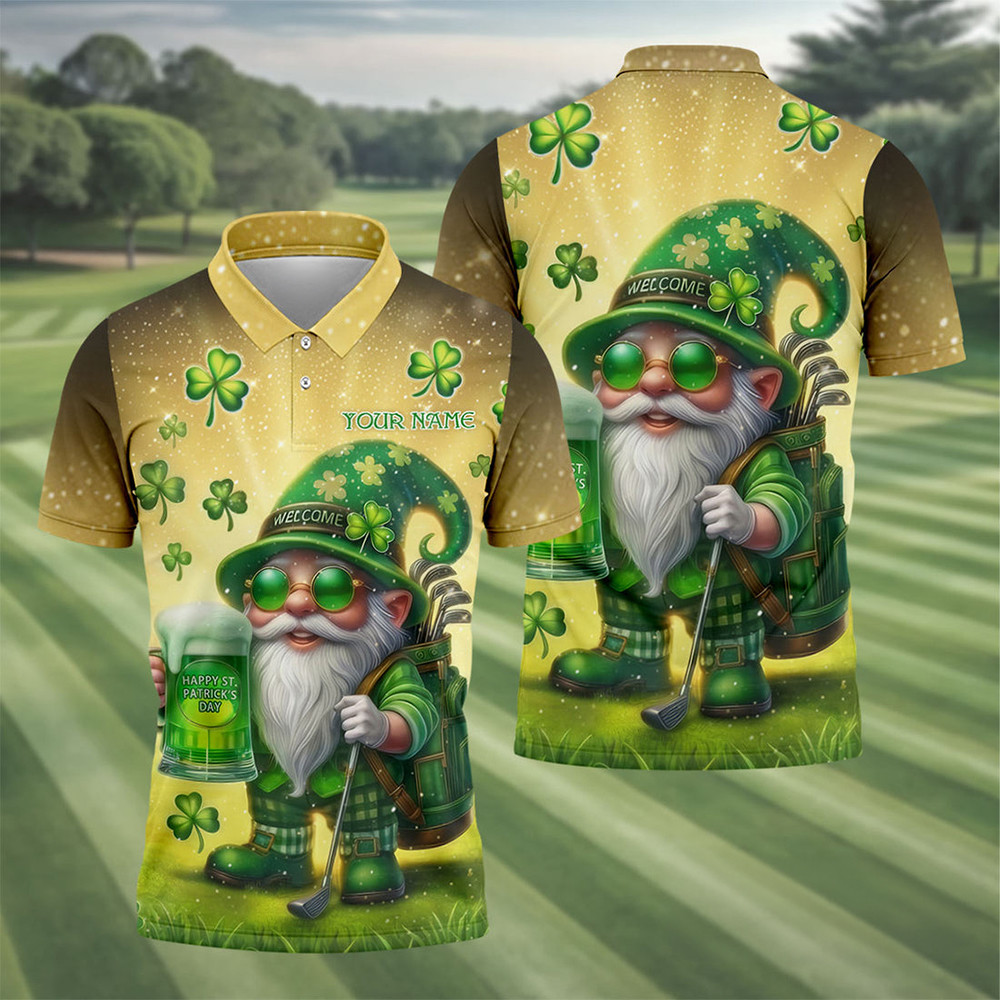 Gnome St Patrick's Day 2-26 Polo Shirt Shamrock Art Shirt ST Paddy's Day Gift For Golfer