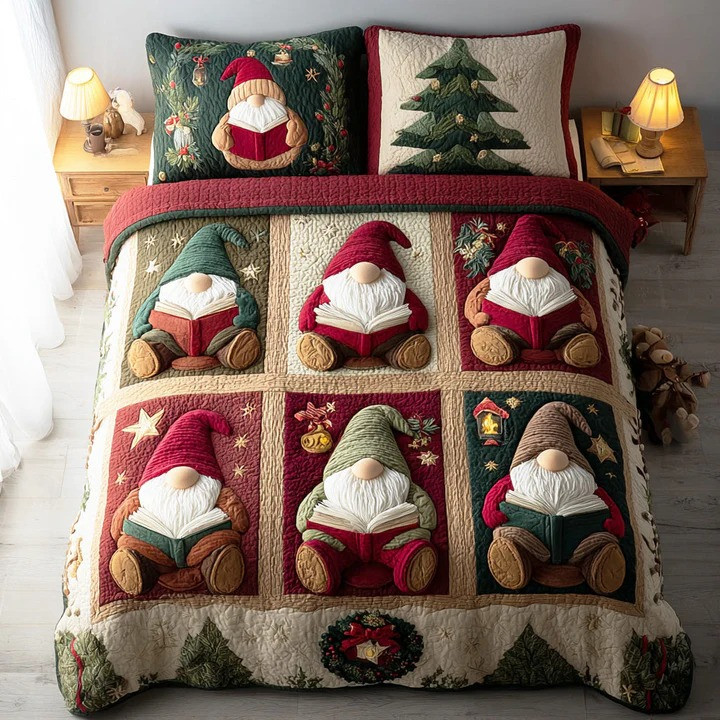 Gnome Stories 3-Piece Quilted Bedding Set Christmas Whimsical Holiday Bedspread Best Xmas Gift