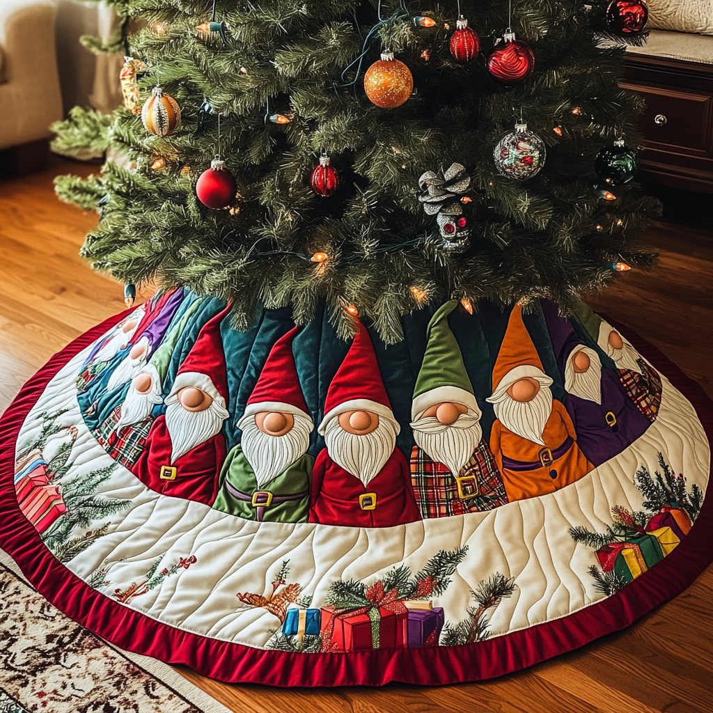 Gnome Village Quilted Christmas Tree Skirt Magical Christmas Tree Skirt to Impress Guests