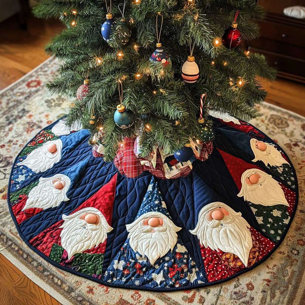 Gnome Winter Wishes Christmas Quilted Tree Skirt Classic Red and White Tree Skirt for Traditional Decor