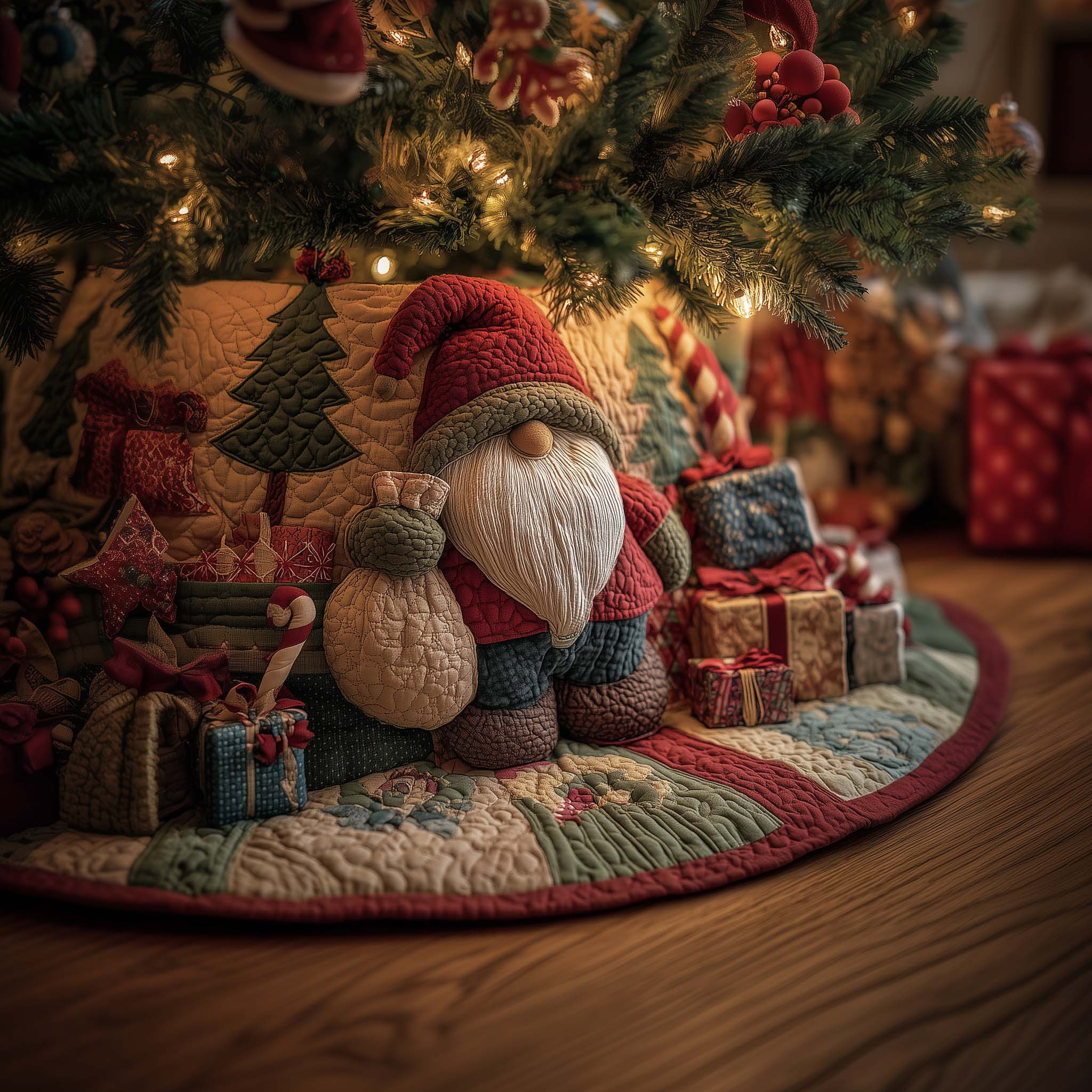 Gnome With Gift Sack Quilted Tree Skirt Winter Themed Cute Home Decor Christmas Ideas