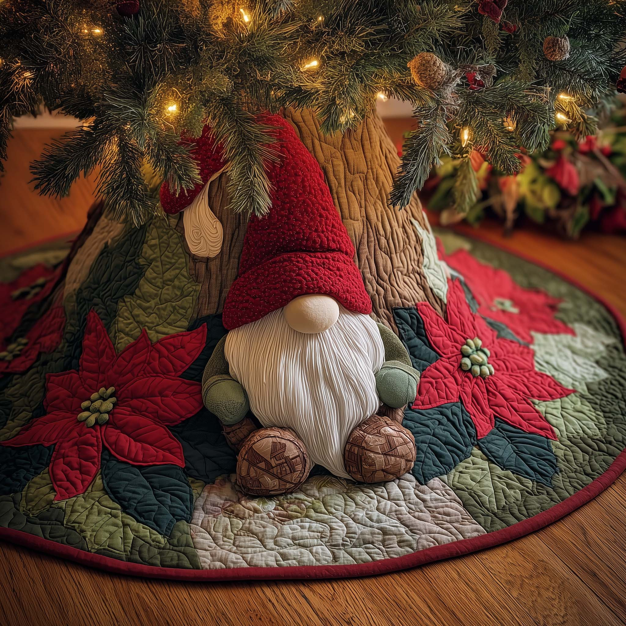 Gnome With Poinsettia Garden Quilted Tree Skirt Cute Home Decor Christmas Gnome Lover Gift