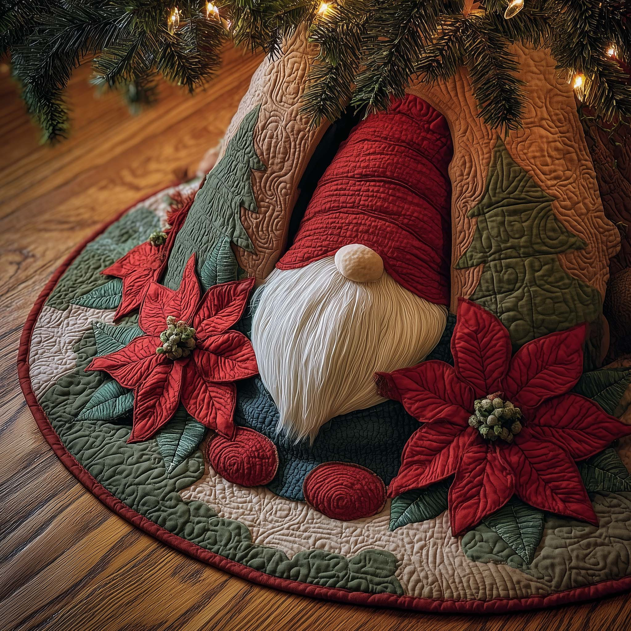 Gnome With Poinsettia Garden Quilted Tree Skirt Cute Home Decor Lovely Christmas Gifts