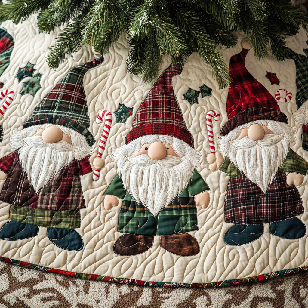 Gnome Wonderland Quilted Christmas Tree Skirt Holiday Tree Base Decoration Family Holiday Gathering Decor