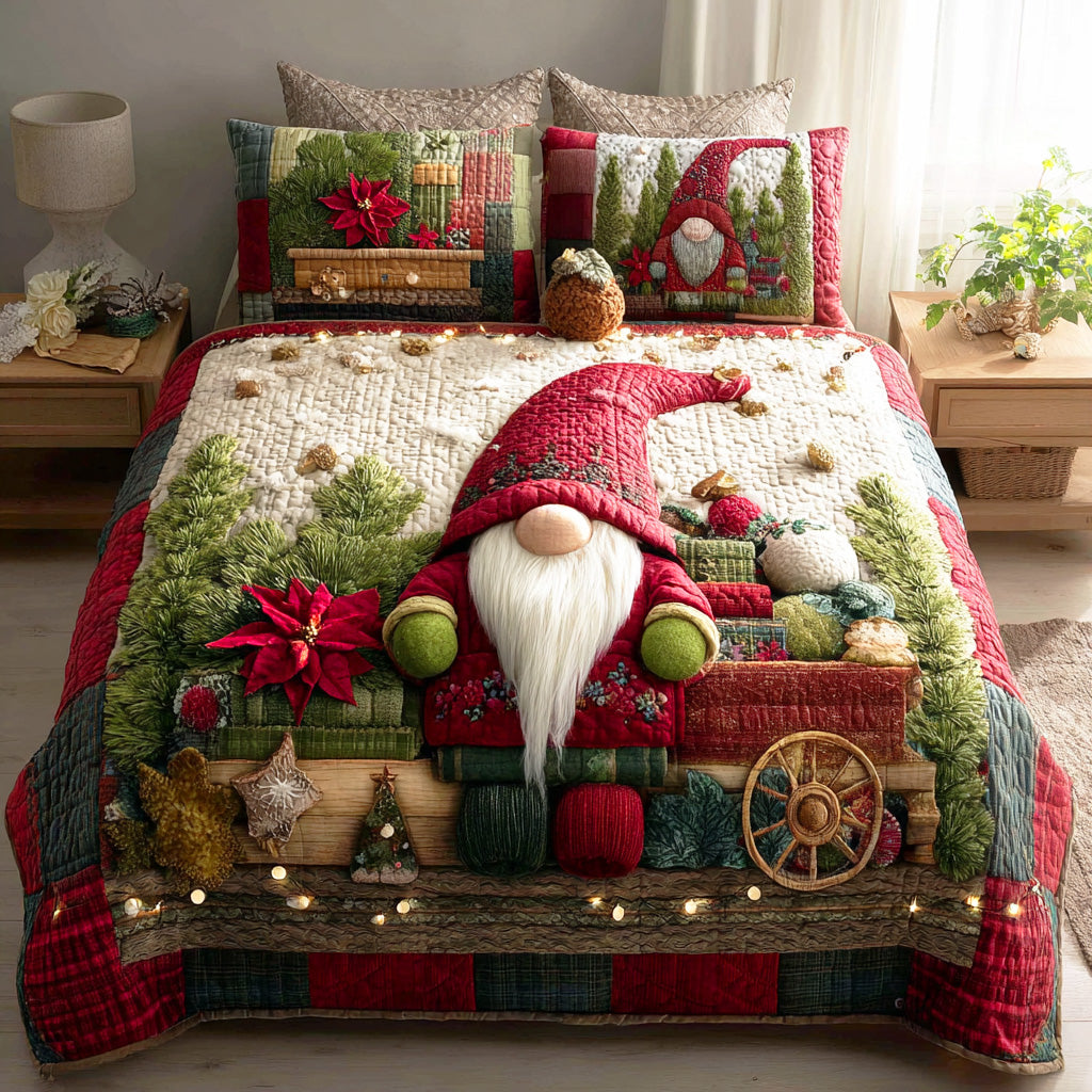 Gnome Wonderland Trail Quilted Bedding Set Holiday Season Duvet Cover Set Xmas Gifts