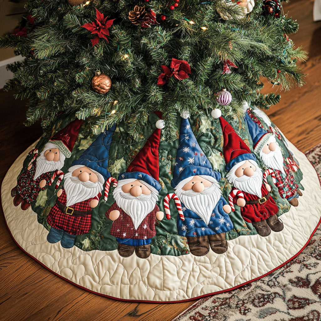 Gnome Yuletide Cheer Quilted Christmas Tree Skirt Cozy Holiday Home Decor