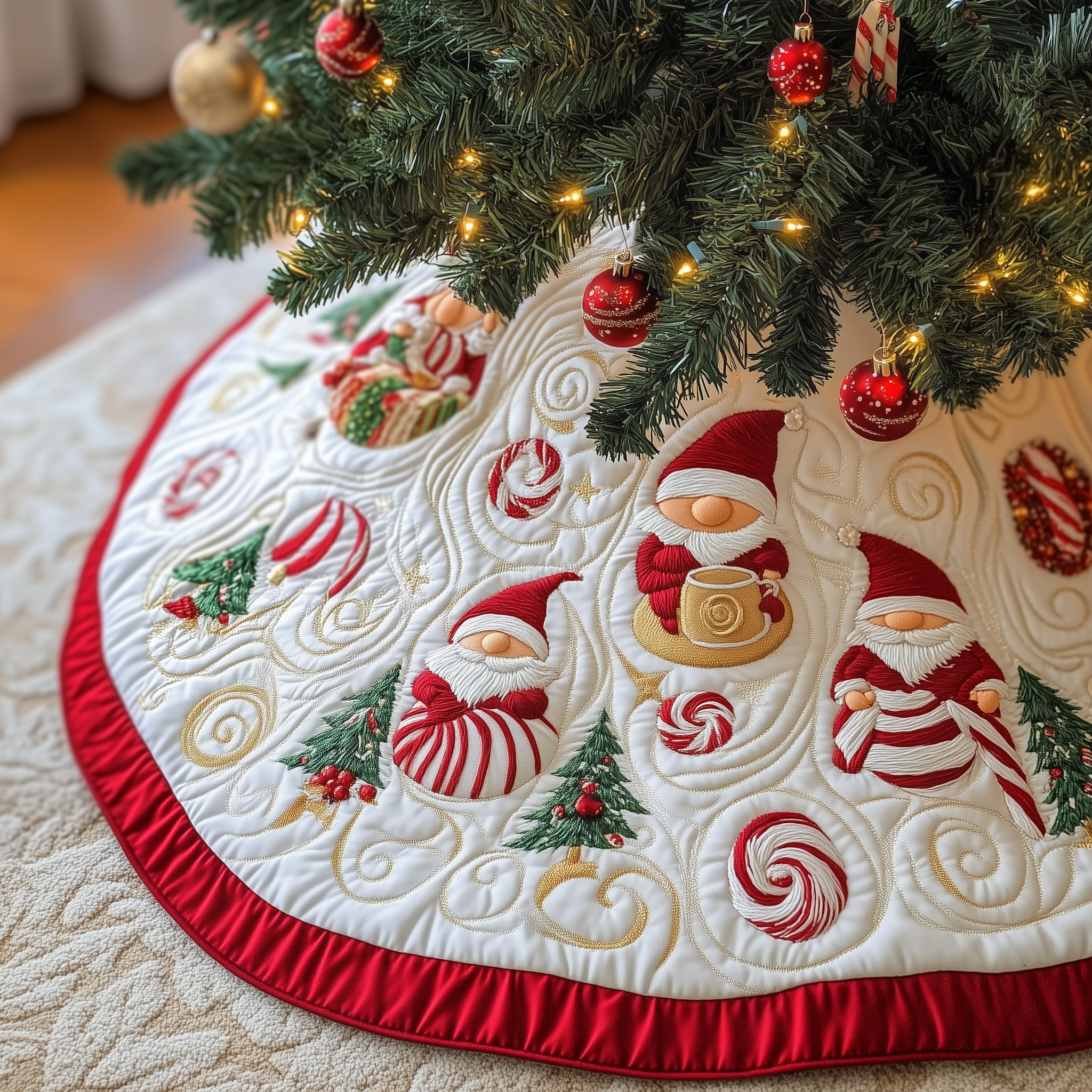 Gnomes Candy Cup Quilted Tree Skirt Best Xmas Tree Surround Indoor Christmas Decorating Ideas 2025