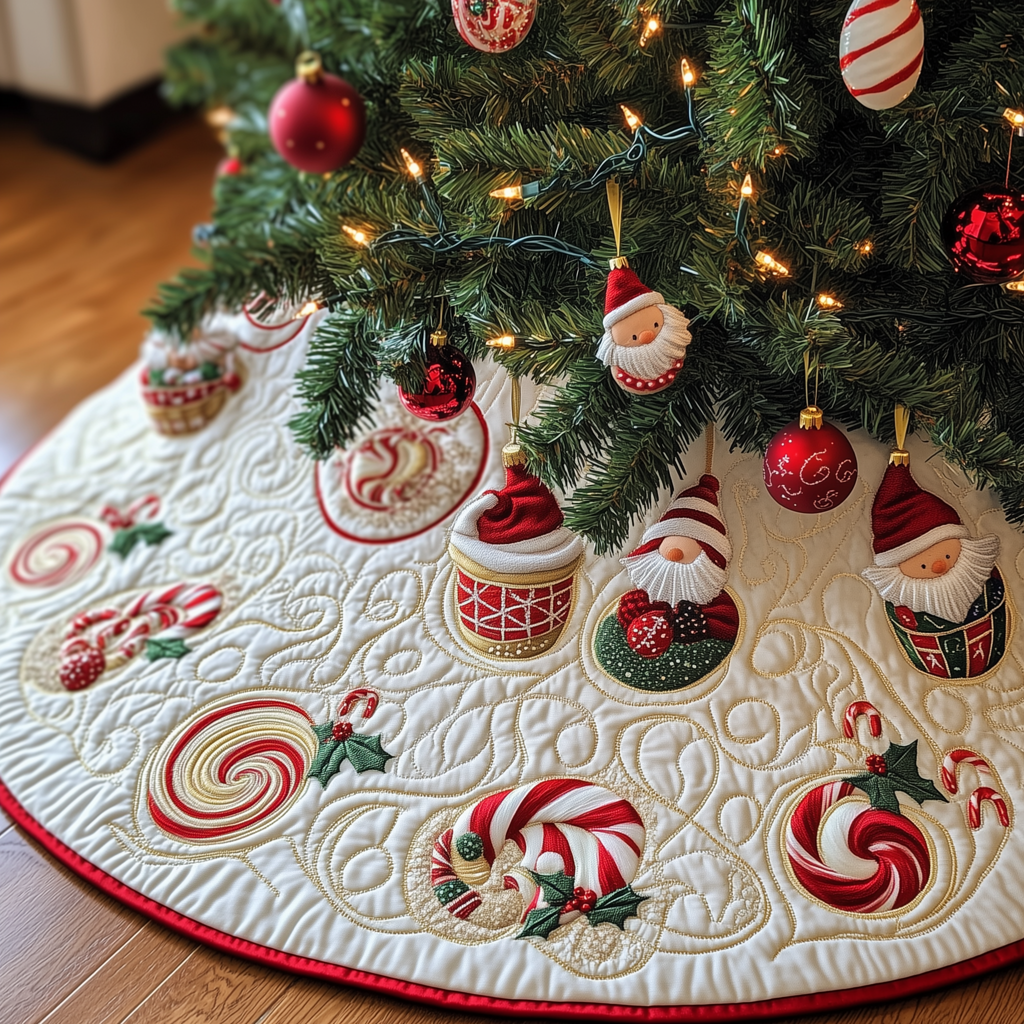 Gnomes Candy Cup Quilted Tree Skirt Best Xmas Tree Surround Indoor Christmas Decorating Ideas 2025