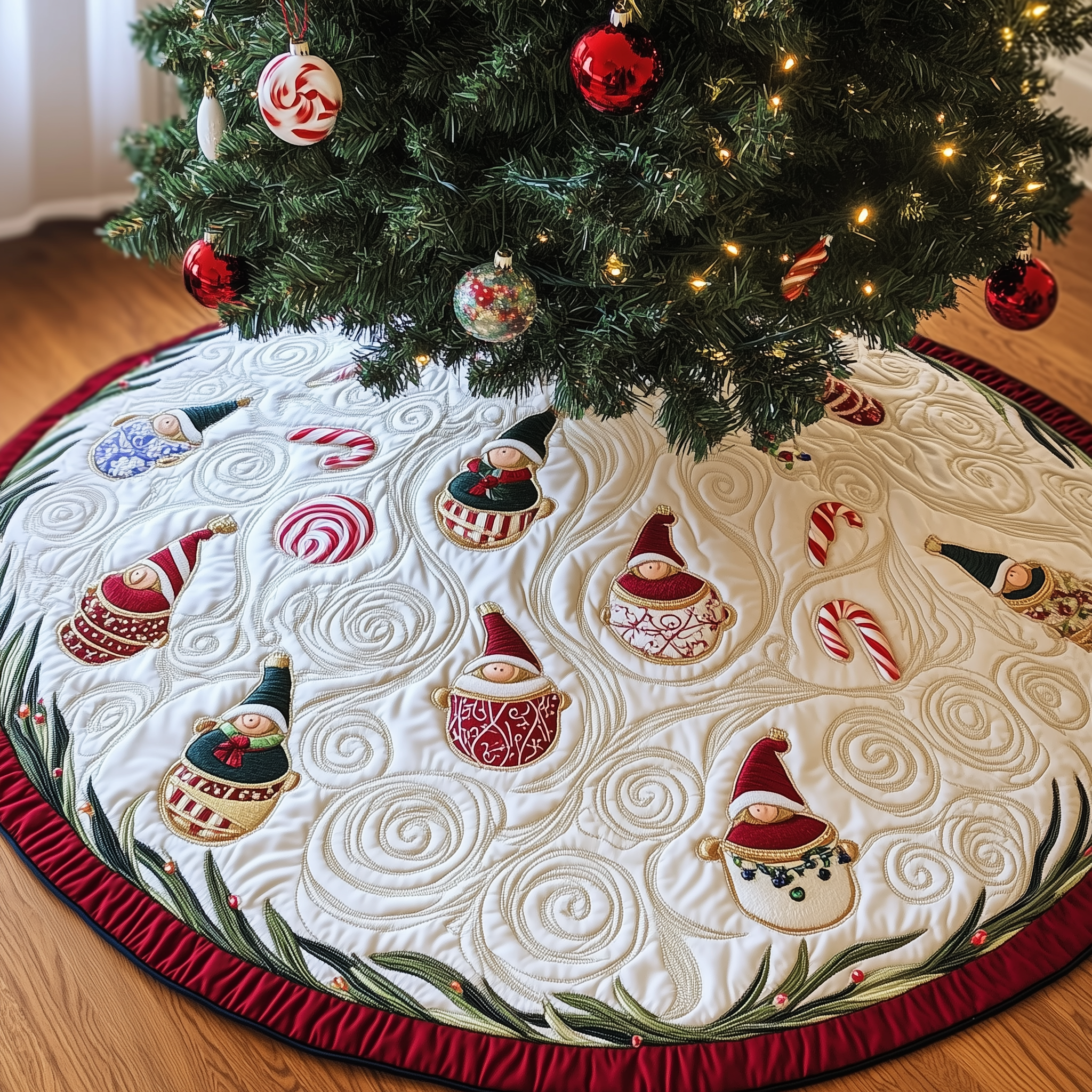 Gnomes Candy Cup Quilted Tree Skirt Xmas Surround Tree Base Cover Indoor Home Holiday Decorations
