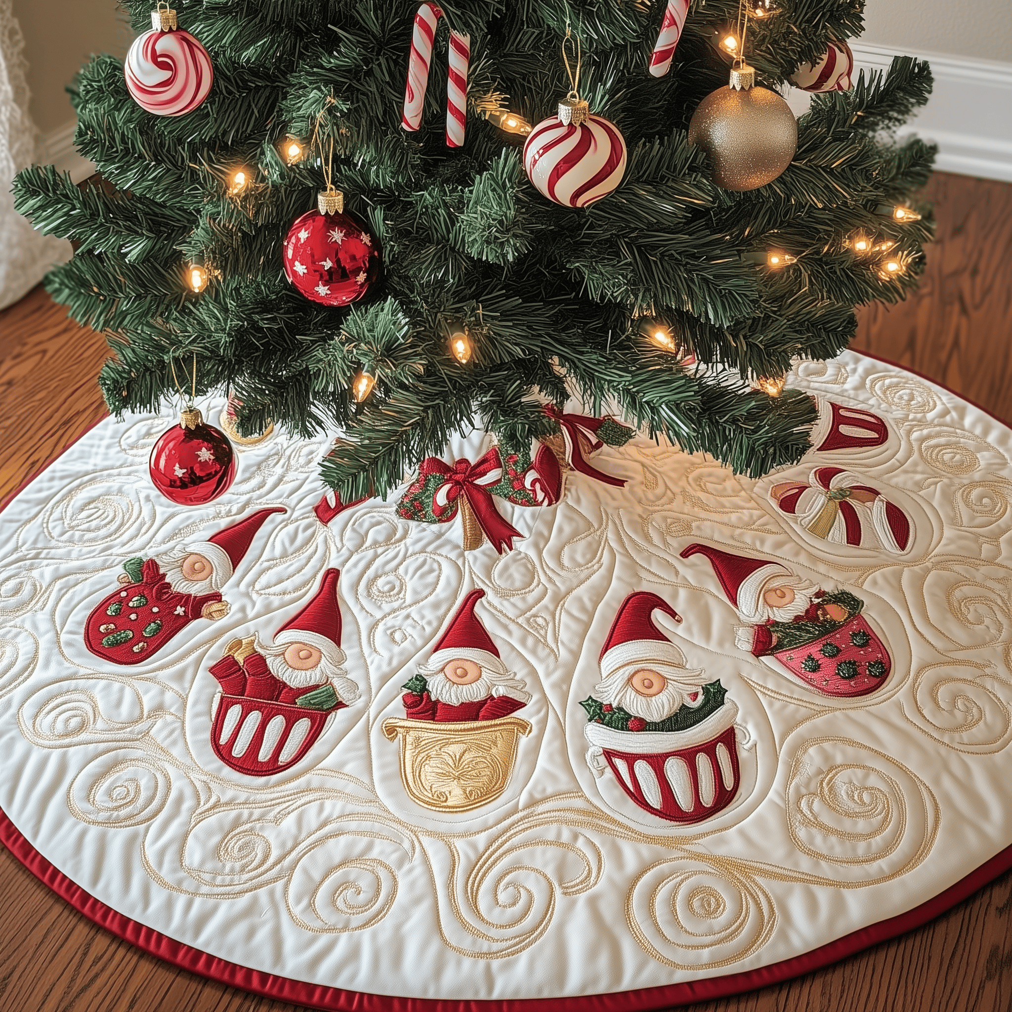 Gnomes Candy Cup Quilted Tree Skirt Xmas Surround Tree Base Cover Indoor Home Holiday Decorations