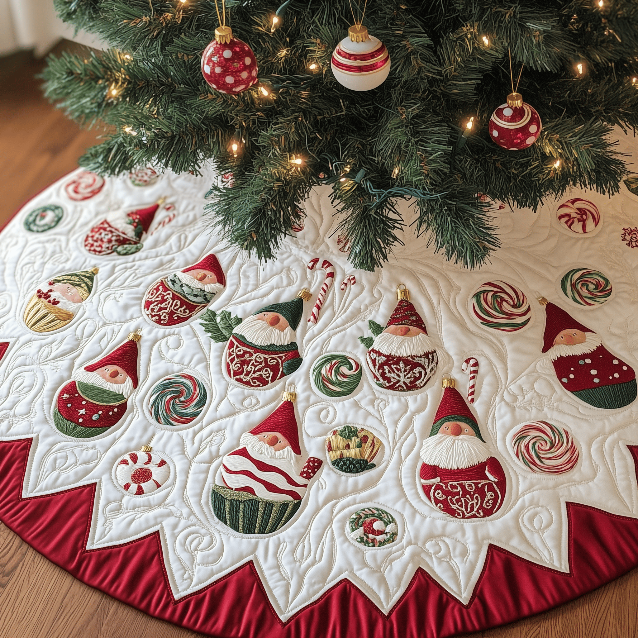 Gnomes Candy Cup Quilted Tree Skirt Xmas Surround Tree Base Cover Indoor Home Holiday Decorations