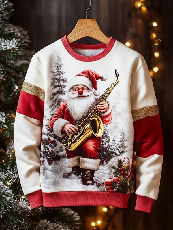 Gnomes Holding Saxophone Christmas Holiday Sweatshirt Pine Tree Christmas Saxophone Gifts
