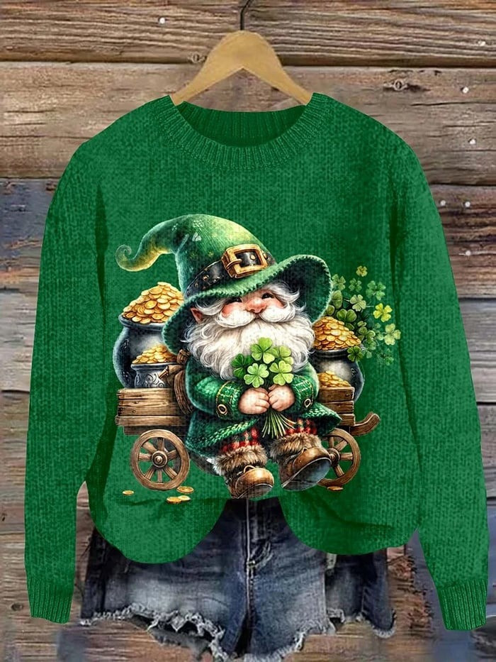 Gnomes Holding Shamrock Leaf Sweater St Patrick's Day Apparel Ideal Gifts For Christians