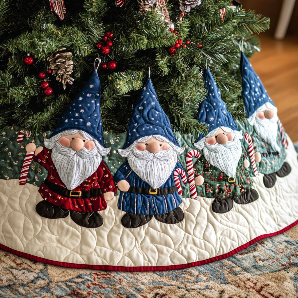 Gnomes Wonderland Quilted Christmas Tree Skirt Lovely Gift Merch for a Festive Home