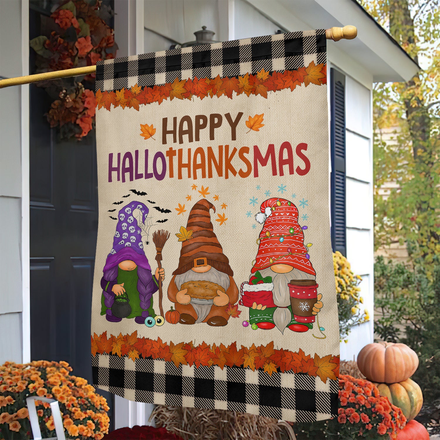 Gnomies Garden Flag Happy Hallothanksmas Gnomies 3 Seasons In 1 Flag Gift For Gnomie Lovers